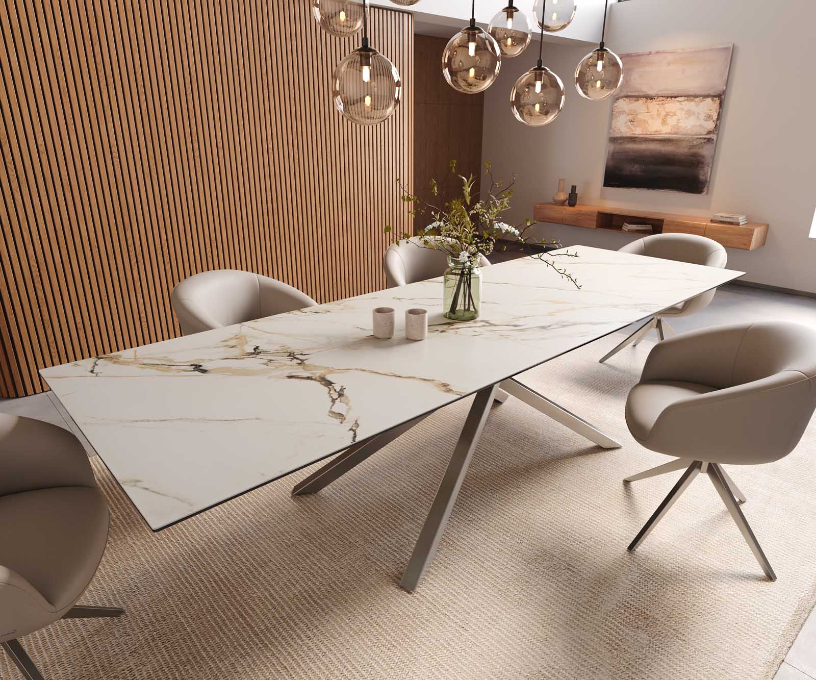 Table à manger Edge 300x100 céramique Calacatta Luxe blanc-doré-gris cadre croisé rectangulaire acier inoxydable 1
