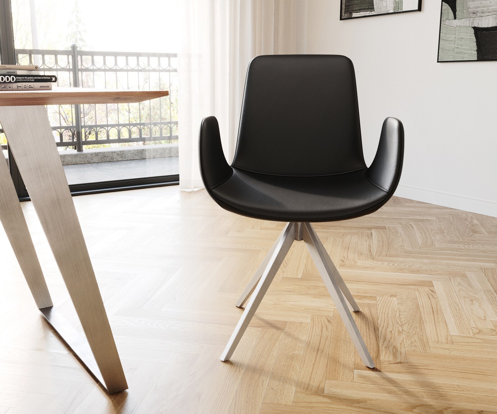 Chaise-de-salle-à-manger Ilia-Flex avec accoudoirs cuir de vache noir pied croisé angulaire acier inoxydable brossé 1