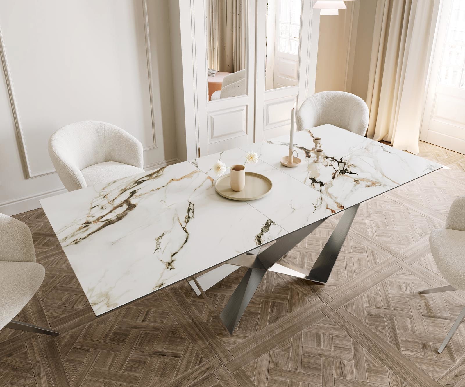 Table à manger Edge 180-220x100 céramique Calacatta Luxe blanc-doré-gris Spider acier plat acier inoxydable extensible 3 Table à manger Edge 180-220x100 céramique Calacatta Luxe blanc-doré-gris Spider acier plat acier inoxydable extensible 3