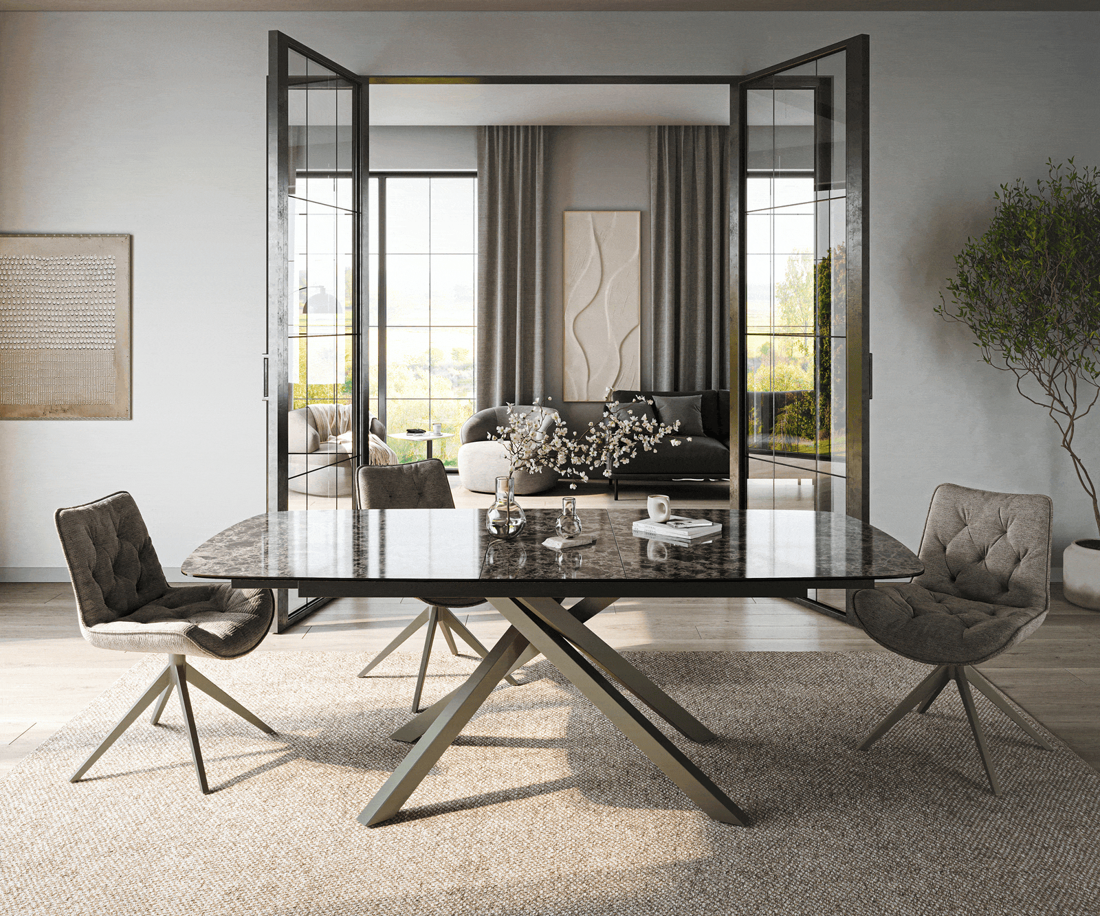 Table de salle à manger Edge Boot 180-220x100 cm Céramique Emperador Extra Lucidato Brun foncé Piètement croisé rectangulaire finition effet Titane extensible 2