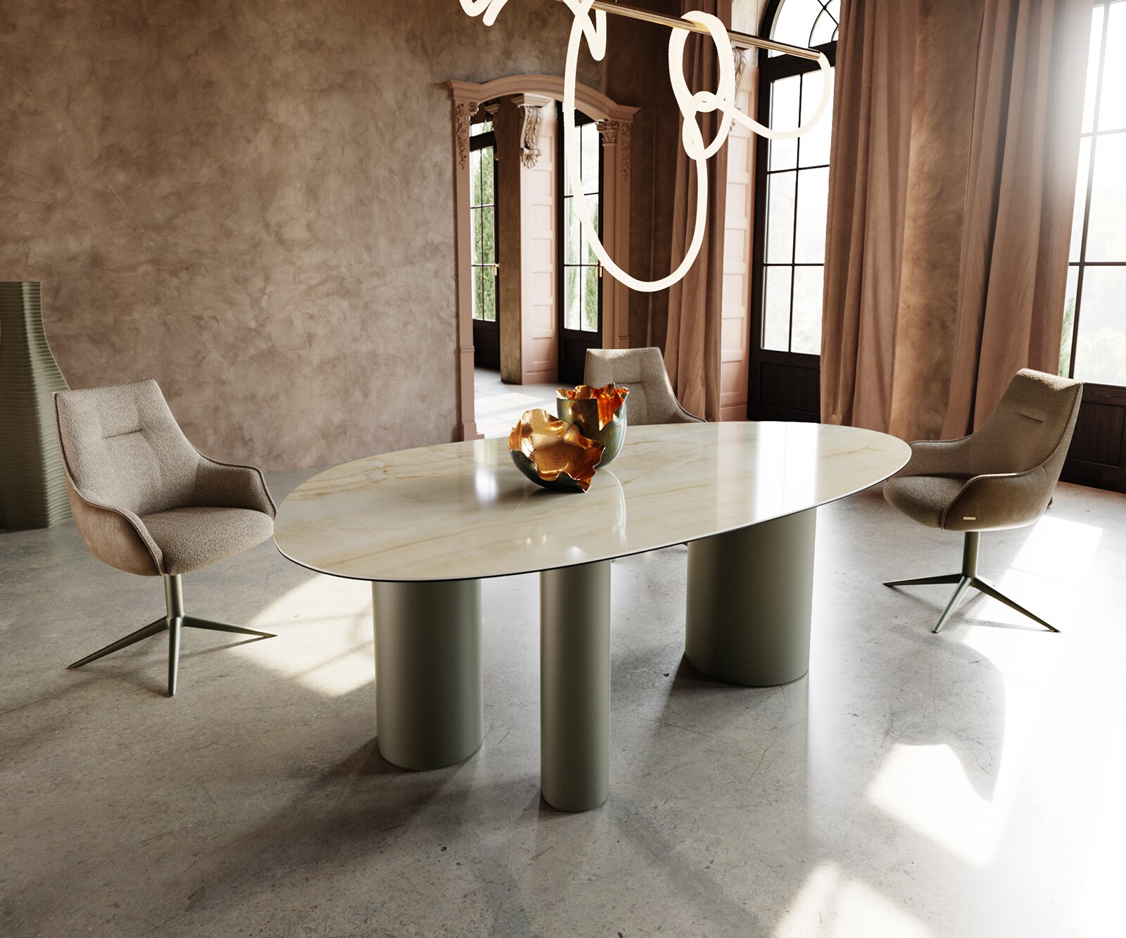 Table à manger Edge ovalee 220x120 céramique Iris FMG Onice Oro Troa métal effet finition titanee 1