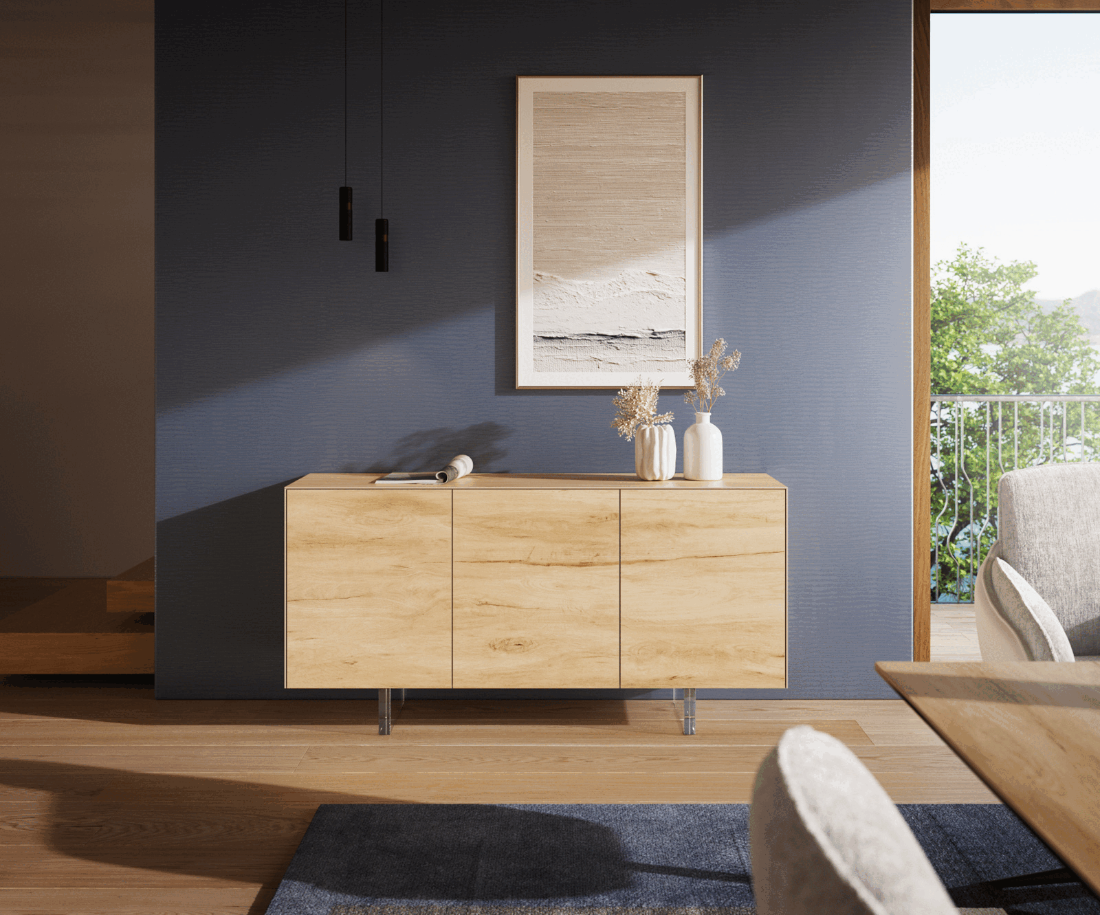 Buffet Cuor 150 cm Céramique Laminam® Sabbia Teinte chêne 3 Portes Pied optique flottant Verre acrylique 2