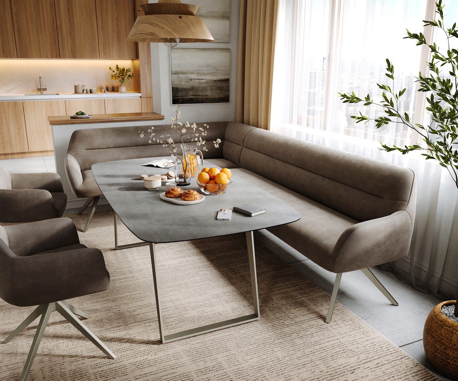 Banc-de-salle-à-manger Taya-Flex 285x190 cm microfibre taupe vintage pied croisé angulaire titane ressort ensaché à droite 1