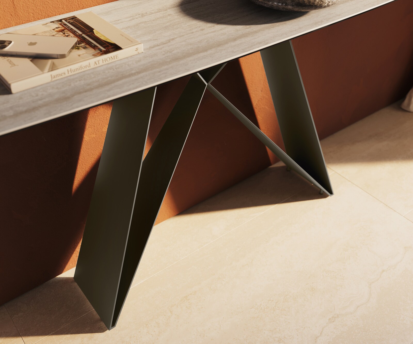 Console Edge forme bateau 180x40 cm Céramique Laminam® Travertino Bianco Creme-Weiß Velio Métal Effektfinish Titan 6