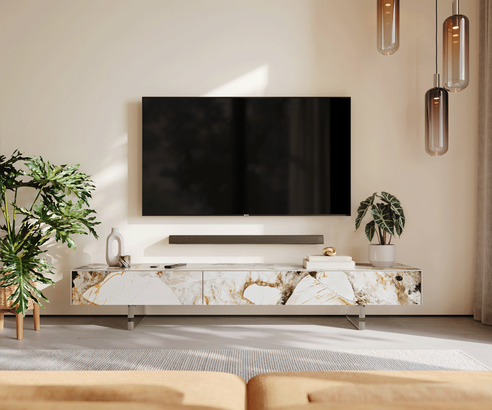Meuble-TV Cuor 200 cm Céramique Patagonia raffinée 1 Clapet 1 Tiroir Pied optique flottant Verre acrylique 2