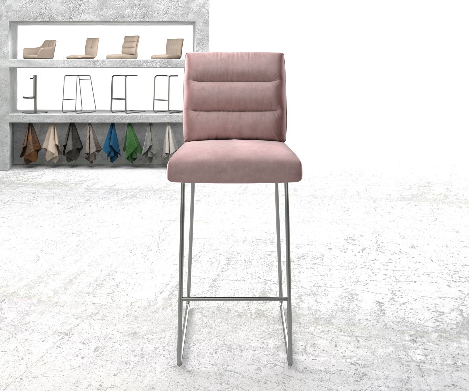 Chaise-de-bar Pela-Flex velours rosé cadre de patins acier inoxydable 1
