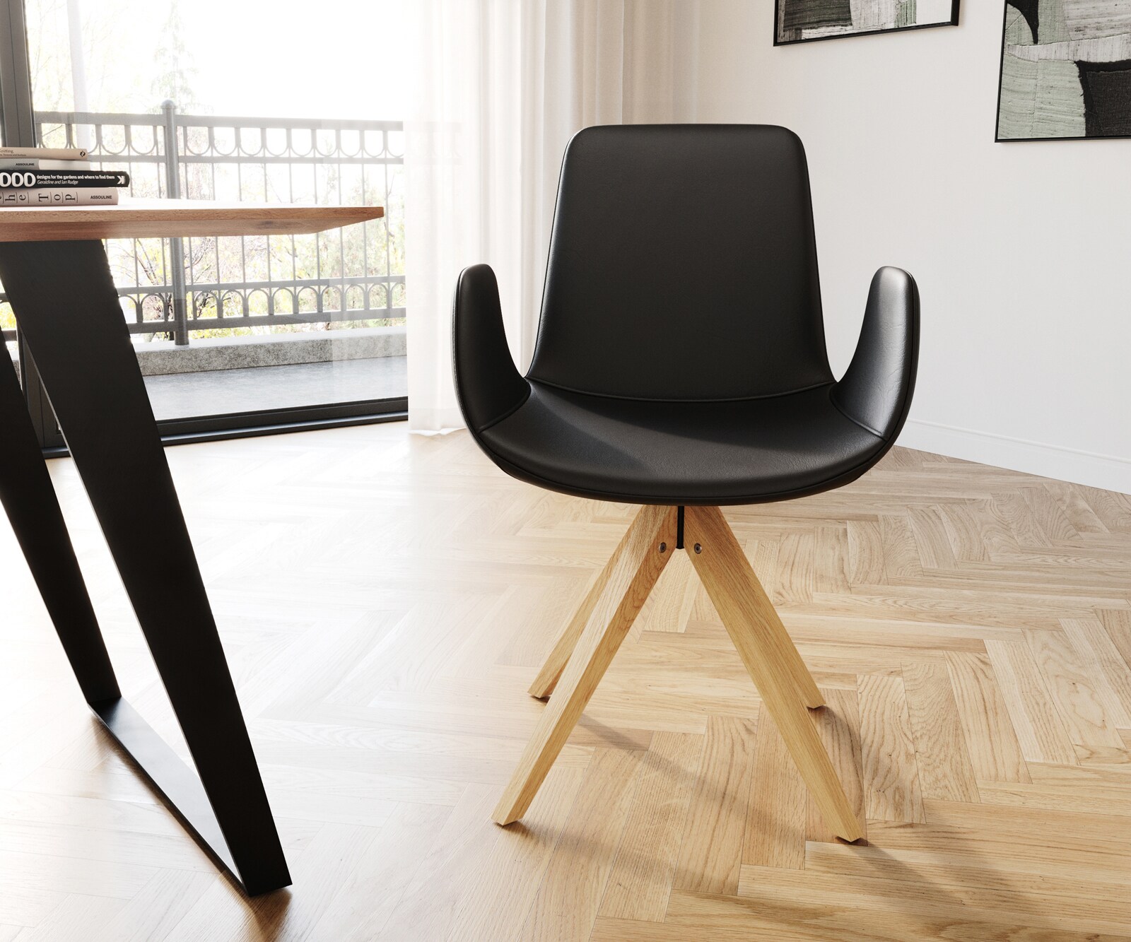 Chaise-de-salle-à-manger Ilia-Flex avec accoudoirs cuir de vache noir pied en bois anguleux naturel 1