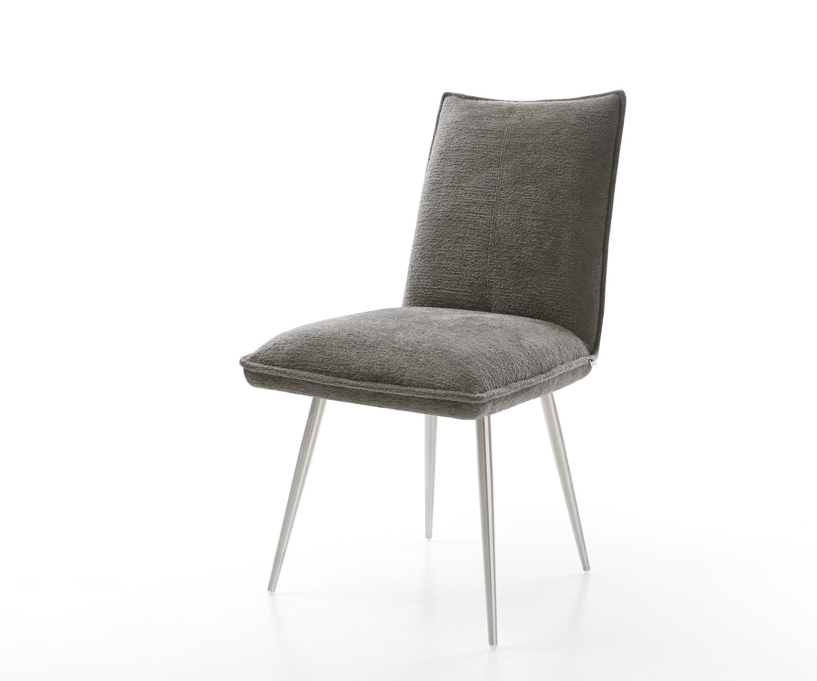 Chaise-de-salle-à-manger Lelio-Flex bouclé doux couleur boue 4 pieds coniques acier inoxydable resorts ensachés 1