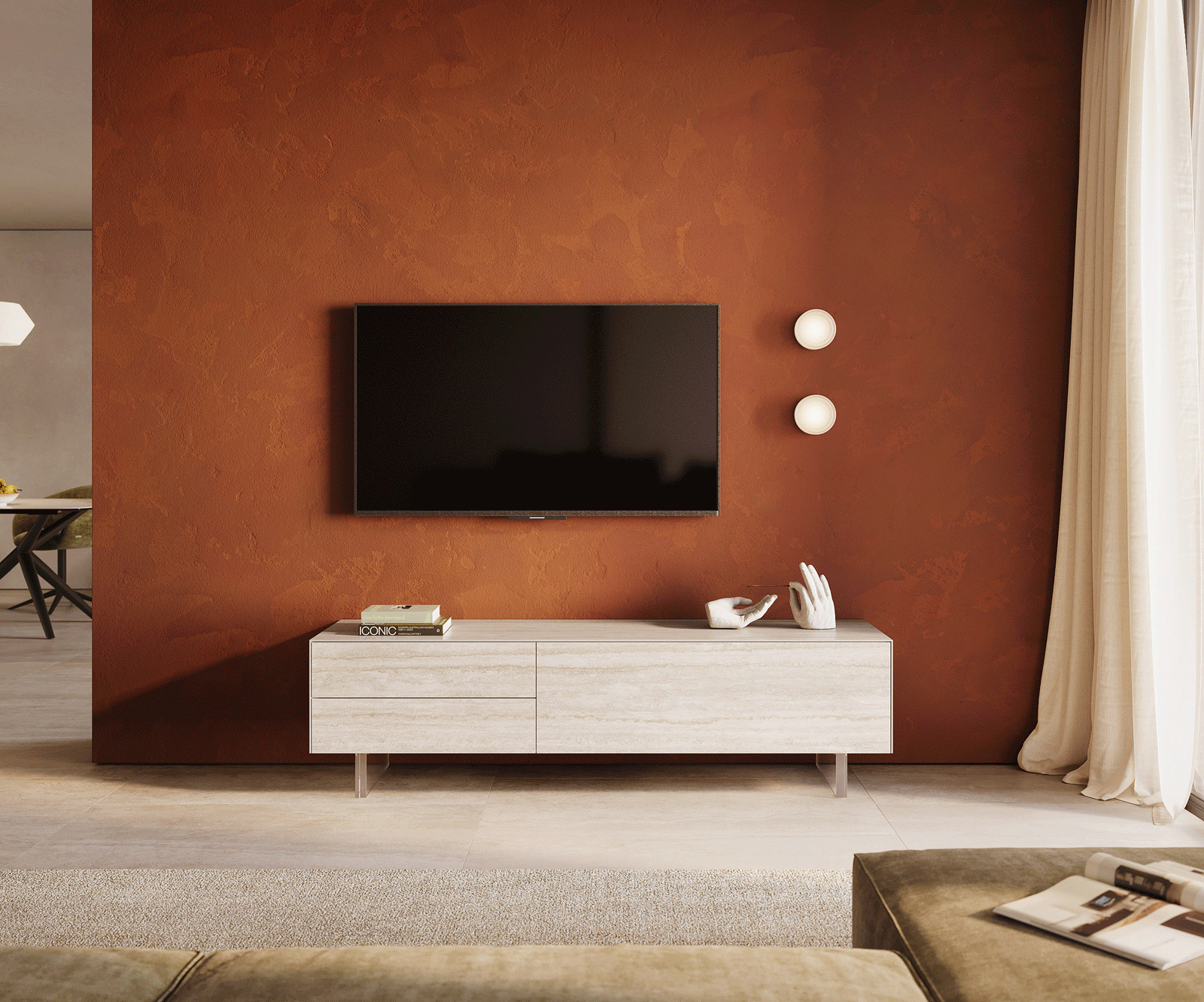 Meuble-TV Cuor 180 cm Céramique Laminam® Travertino Bianco Crème-blanc 1 Clapet 2 Tiroirs Pied optique flottant Verre acrylique 2