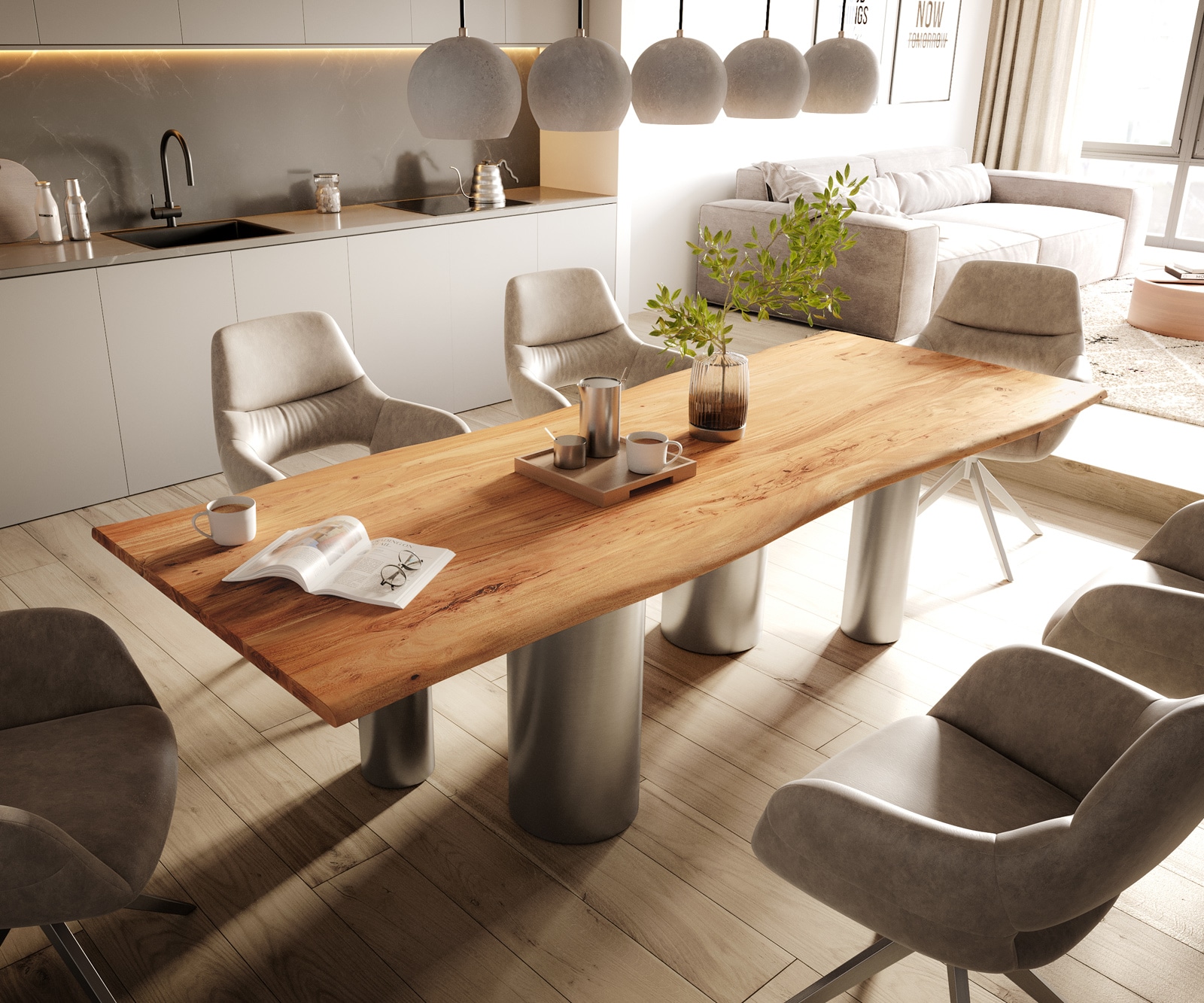 Table à manger Edge 260x100 Acacia Nature Pilier Acier inoxydable brossé Live-Edge