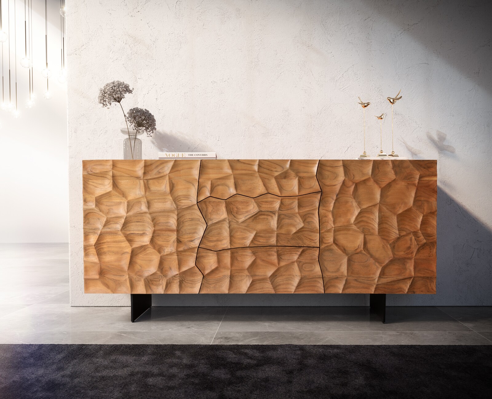 Buffet Solu 175 cm acacia naturel 2 portes 3 tiroirs pied flottant métal noir façade 3D 1