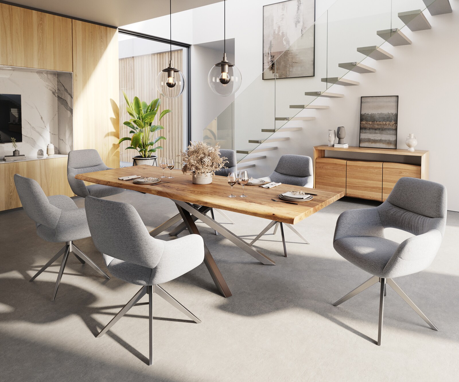 Chaise-de-salle-à-manger Yago-Flex avec accoudoirs tissu texturé gris clair pied croisé large acier inoxydable brossé ressorts ensachés 3 Chaise-de-salle-à-manger Yago-Flex avec accoudoirs tissu texturé gris clair pied croisé large acier inoxydable brossé ressorts ensachés 3