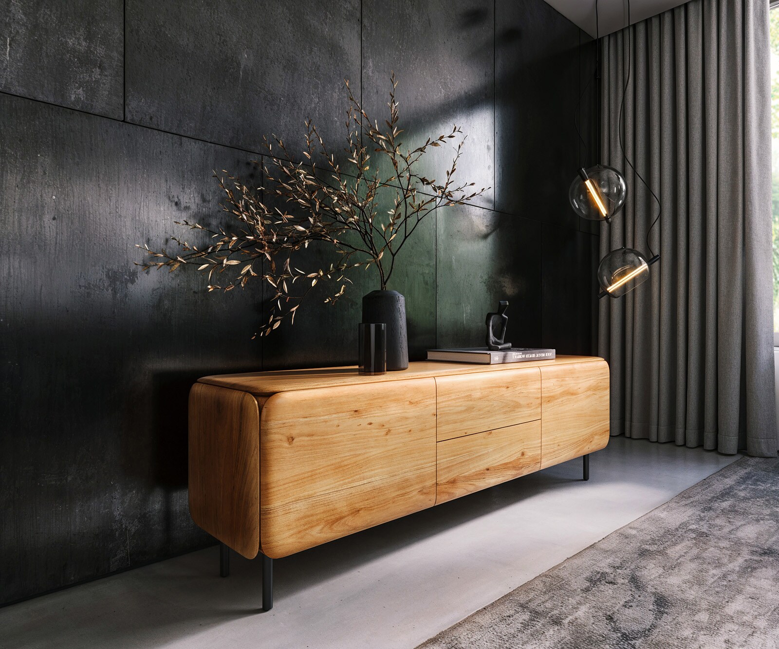 Meuble-TV Shavani 175 cm Acacia naturel 2 portes 2 tiroirs Pieds ronds Métal Noir