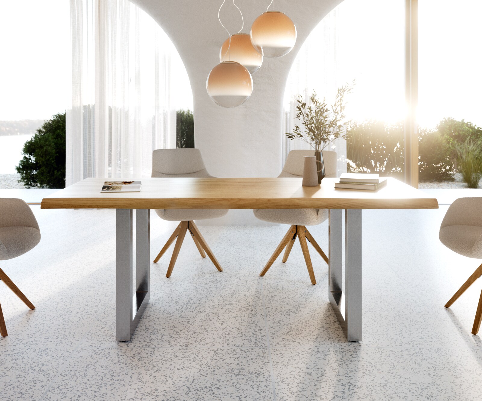 Table à manger Edge 200x100 chêne nature acier inoxydable large Live-Edge laqué 1 Table à manger Edge 200x100 chêne nature acier inoxydable large Live-Edge laqué 1