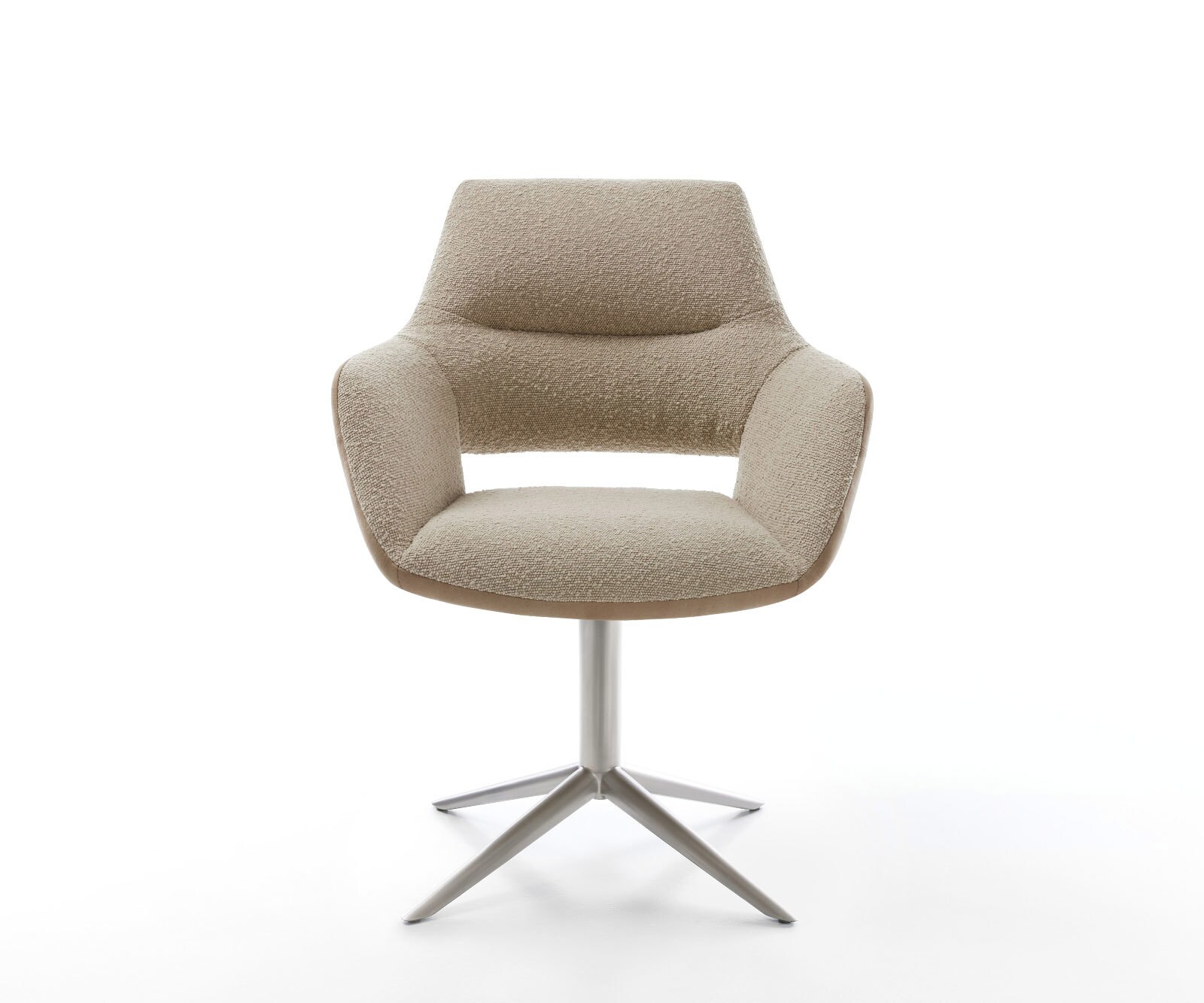 Chaise-pivotante Yago-Flex avec accoudoirs tissu mixte couleur boue pied de chaise 4 branches acier inoxydable brossé pivotement sur 360° fonction bascule ressorts ensachés 2