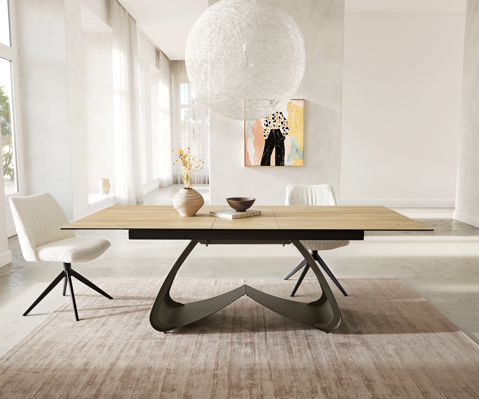Table à manger Edge 180-220x100 Céramique Laminam® Sabbia Couleur chêne cadre en W Effet Titane Extensible 5