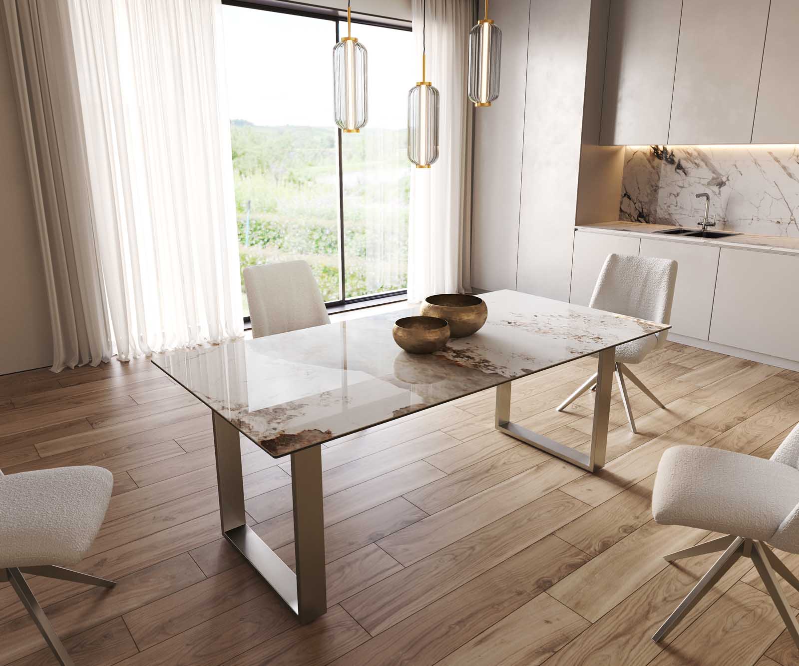 Table à manger Edge 200x100 céramique Minas mélange blanc-beige acier inoxydable mince Table à manger Edge 200x100 céramique Minas mélange blanc-beige acier inoxydable mince