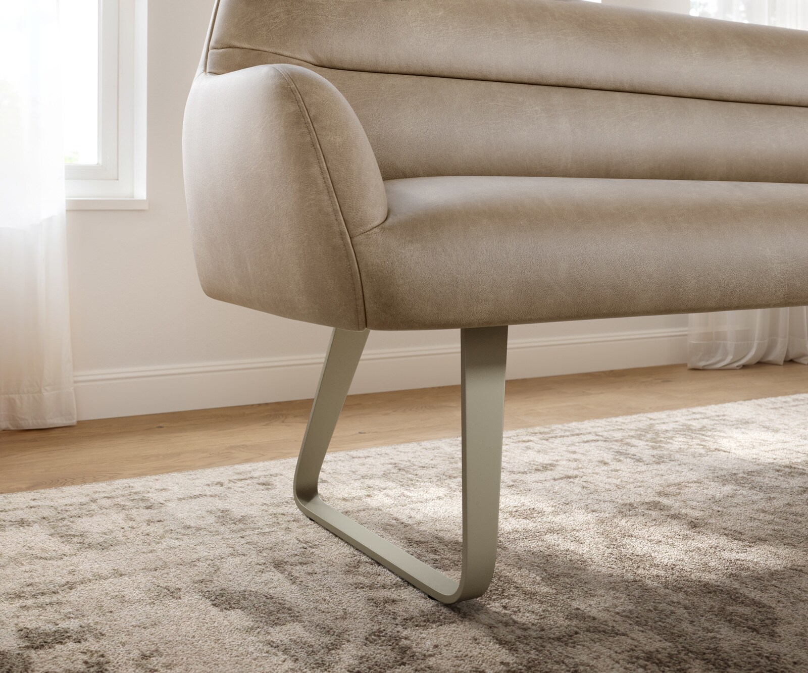 Banc-de-salle-à-manger Taya-Flex 200 cm microfibre beige vintage châssis à patins plat titane ressort ensaché 4