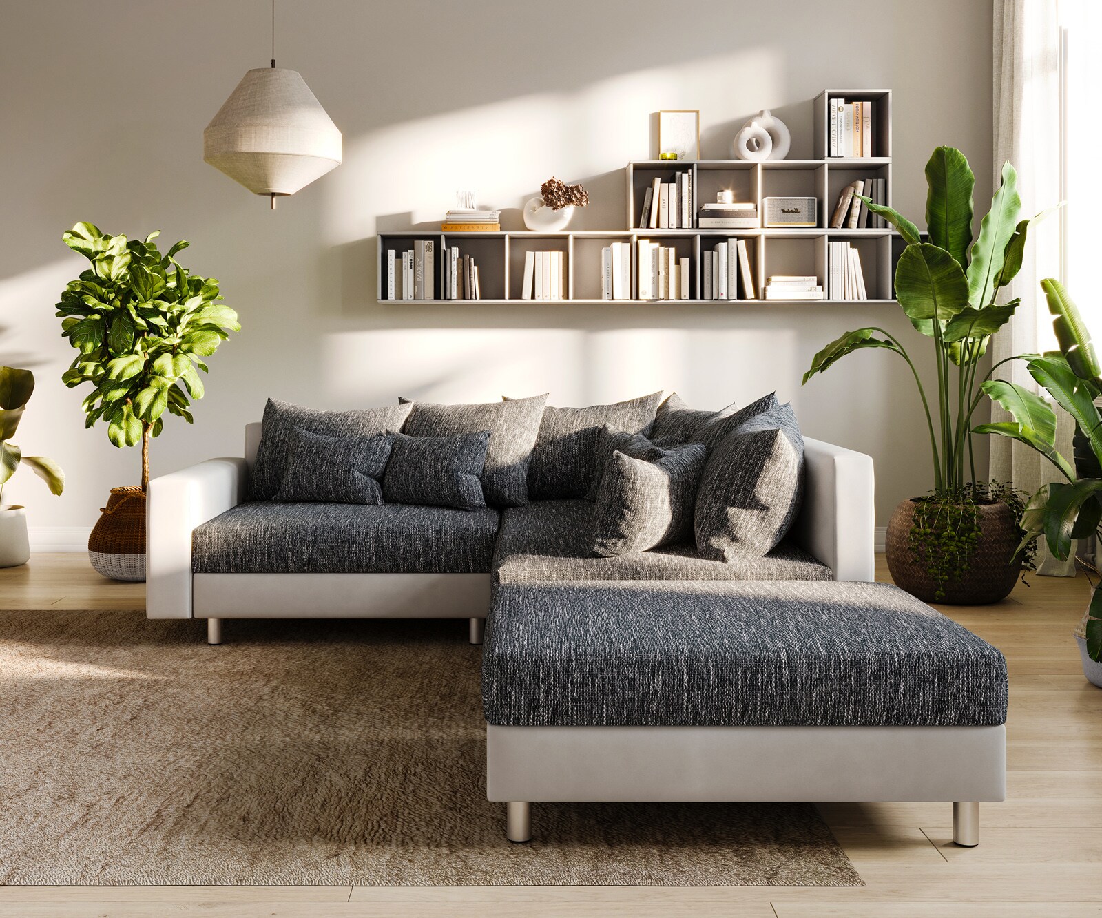 Canapé-d'angle Clovis Blanc Noir avec tabouret et accoudoirs poufs droite  1