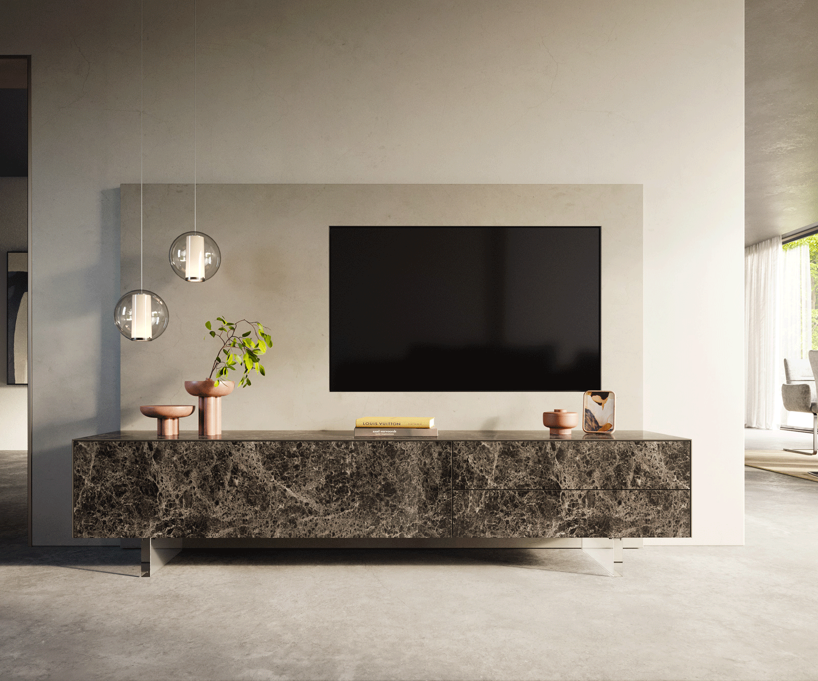 Meuble-TV Cuor 220 cm Céramique Emperador Extra Lucidato brun foncé 1 Clapet 2 Tiroirs Pied optique flottant Verre acrylique 2