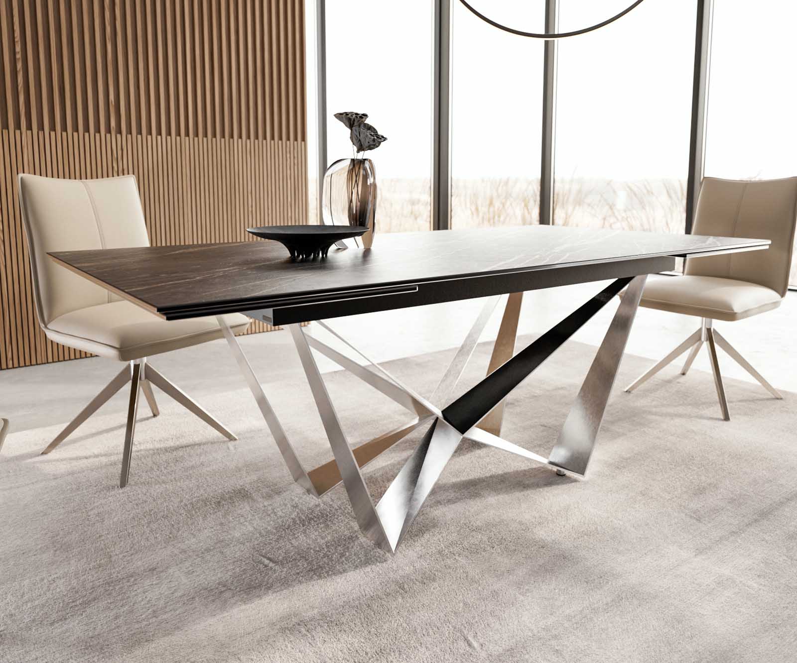 Table à manger Edge 200-300x100 céramique Laminam®Noir Desir marron Spider acier plat acier inoxydable extensible 6
