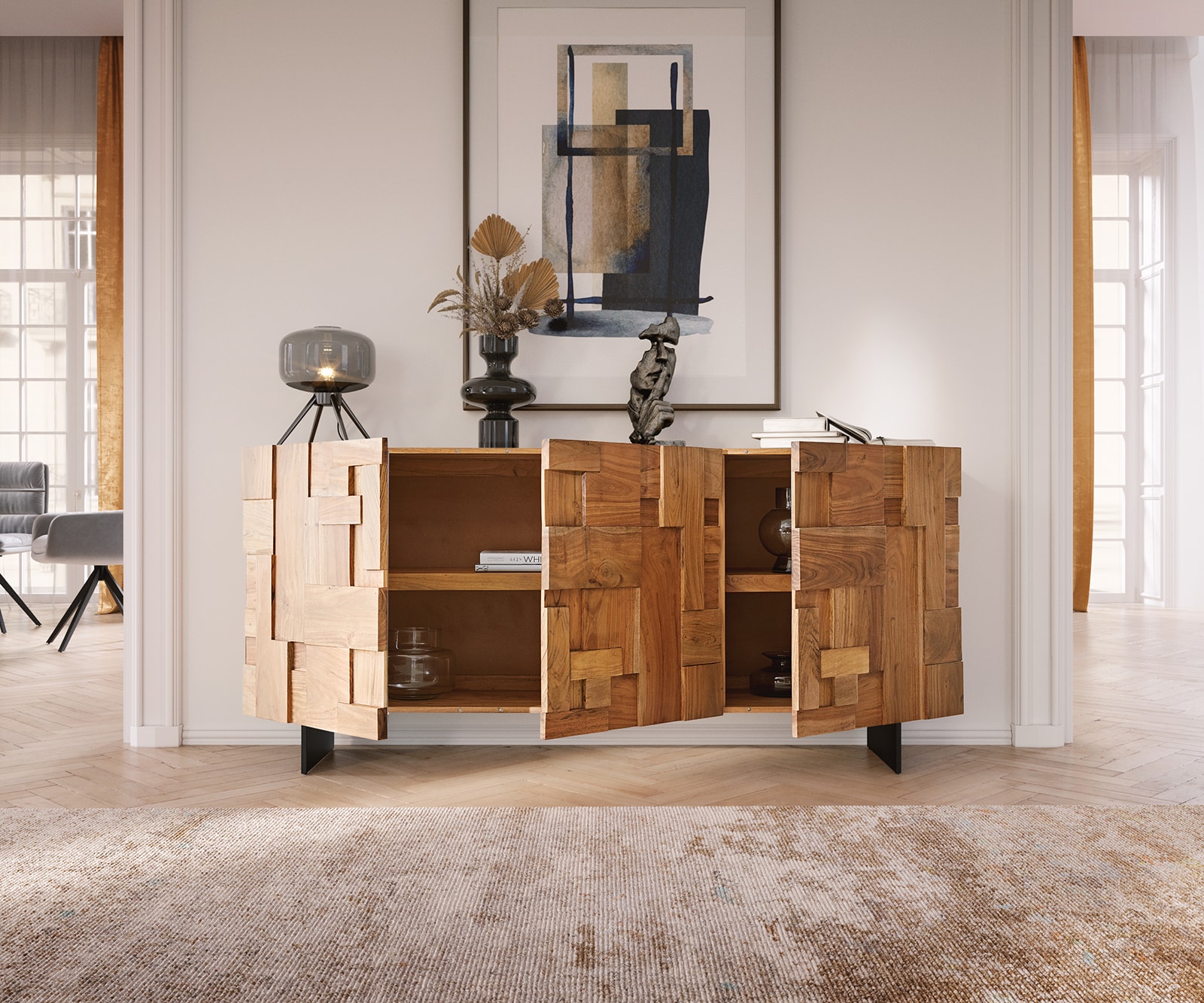 Buffet Puzzle 175 cm acacia naturel 3 portes pied flottant métal noir 3 Buffet Puzzle 175 cm acacia naturel 3 portes pied flottant métal noir 3