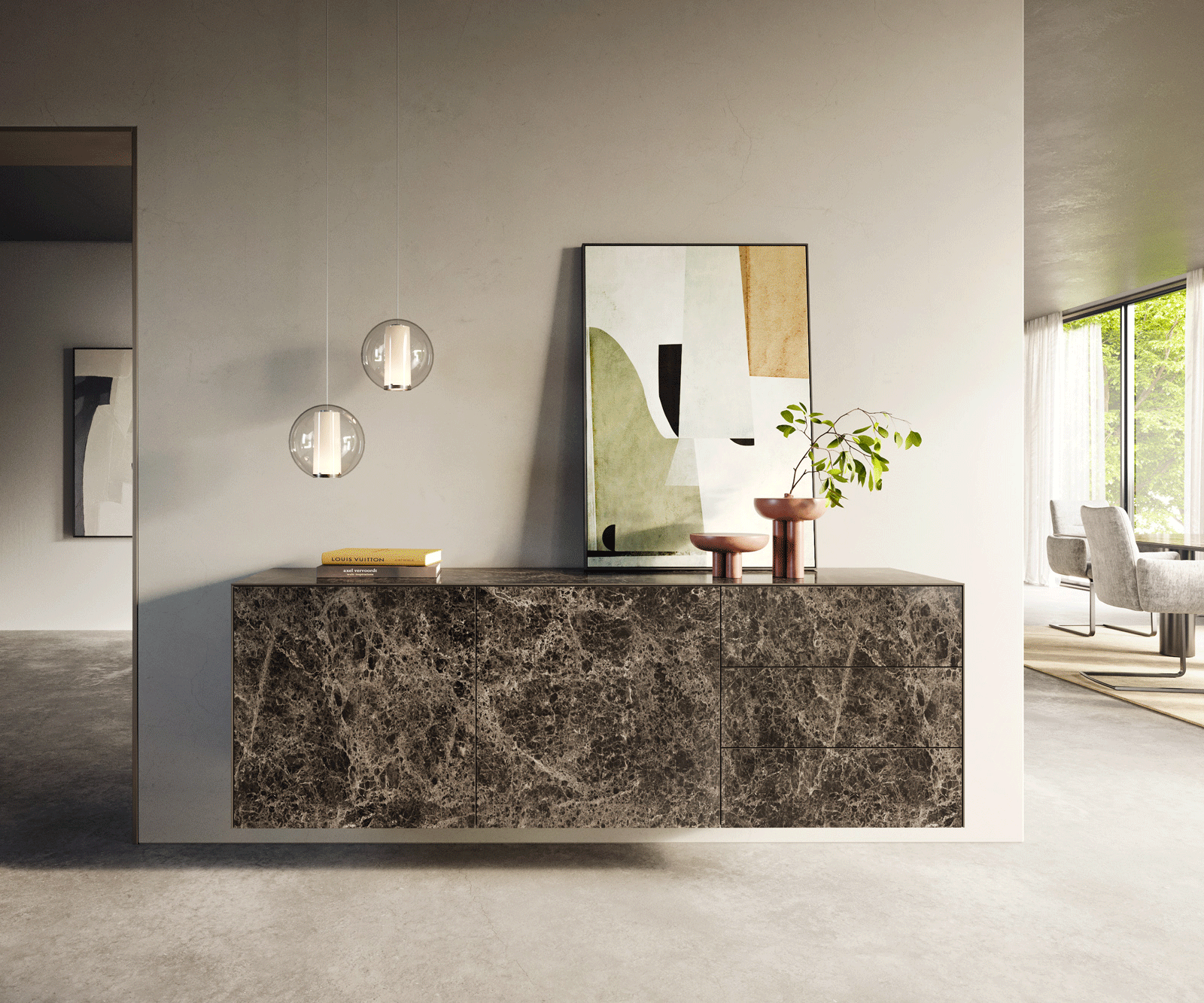 Buffet Cuor 180 cm Céramique Emperador Extra Lucidato brun foncé 2 Portes 3 Tiroirs Flottant 1