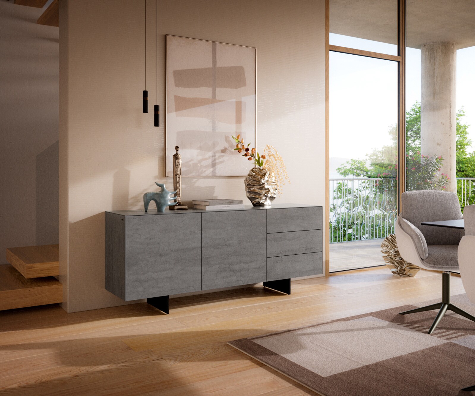 Buffet Cuor 180 cm Céramique Béton gris 2 Portes 3 Tiroirs Pied optique flottant Métal Noir 1