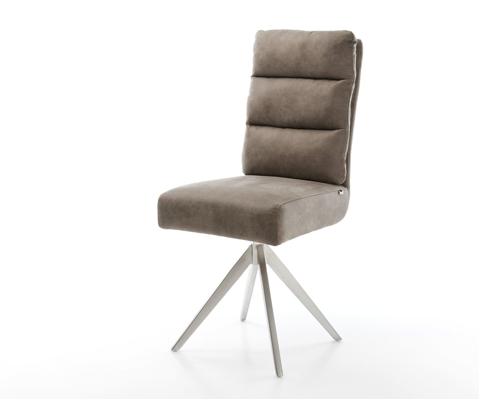 Chaise-de-salle-à-manger Pela-Flex microvelours taupe vintage pied croisé angulaire acier inoxydable brossé ressorts ensachés