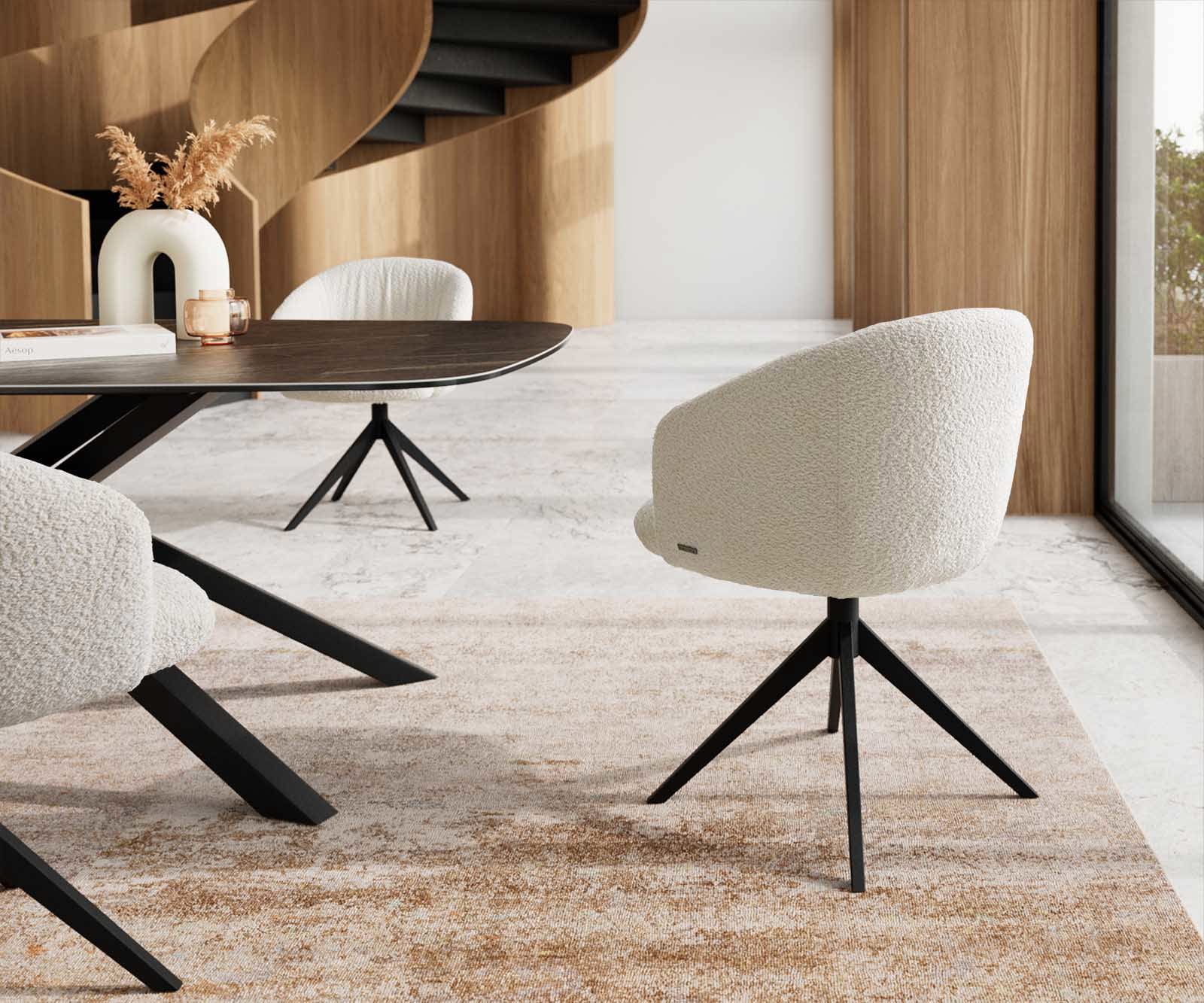 Chaise-pivotante Caja-Flex avec accoudoirs bouclé blanc pied croisé large noir pivotement sur 360° ressorts ensachés 4 Chaise-pivotante Caja-Flex avec accoudoirs bouclé blanc pied croisé large noir pivotement sur 360° ressorts ensachés 4