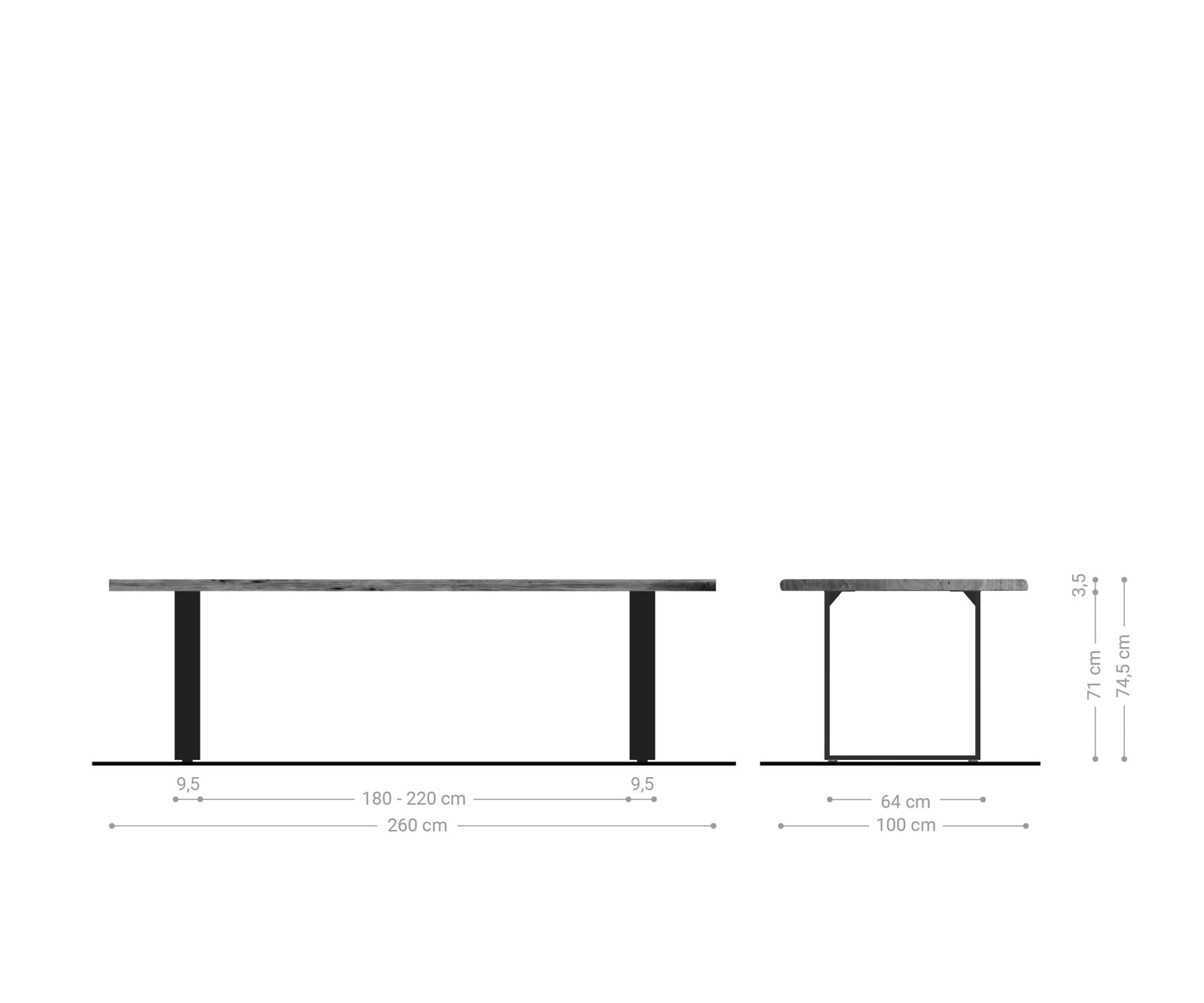 Table-à-manger Edge 260x100 acacia platine acier inoxydable mince Live-Edge 5 Table-à-manger Edge 260x100 acacia platine acier inoxydable mince Live-Edge 5