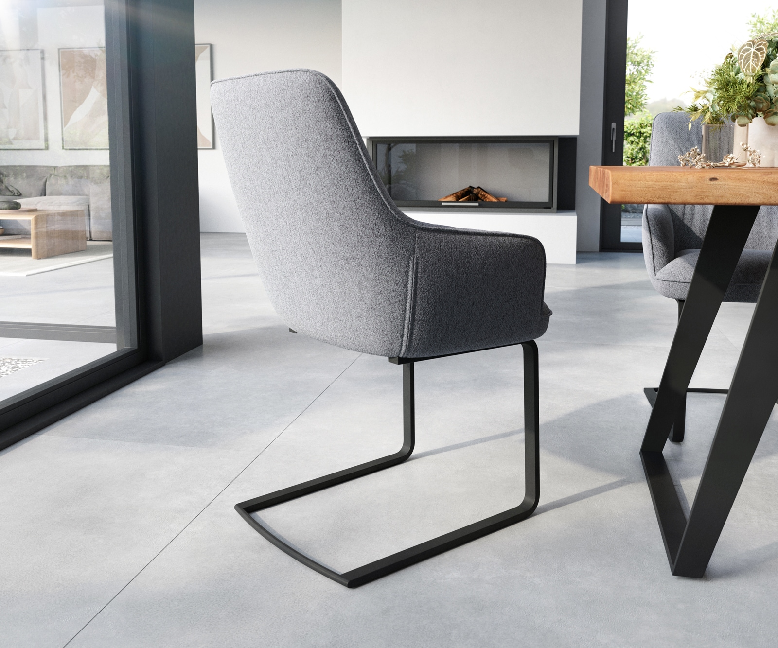 Cantilever Zelia-Flex avec accoudoirs tissu texturé gris clair pied cantilever plat noir ressorts ensachés 4 Cantilever Zelia-Flex avec accoudoirs tissu texturé gris clair pied cantilever plat noir ressorts ensachés 4