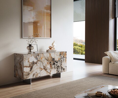 Buffet Cuor 150 cm Céramique Patagonia raffinée 3 Portes Pied optique flottant Ancier inoxydable
