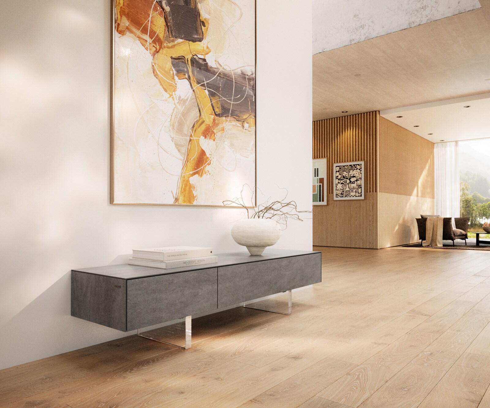 Meuble-TV Cuor 150 cm Céramique Béton gris 1 Clapet 1 Tiroir Pied optique flottant Verre acrylique 1