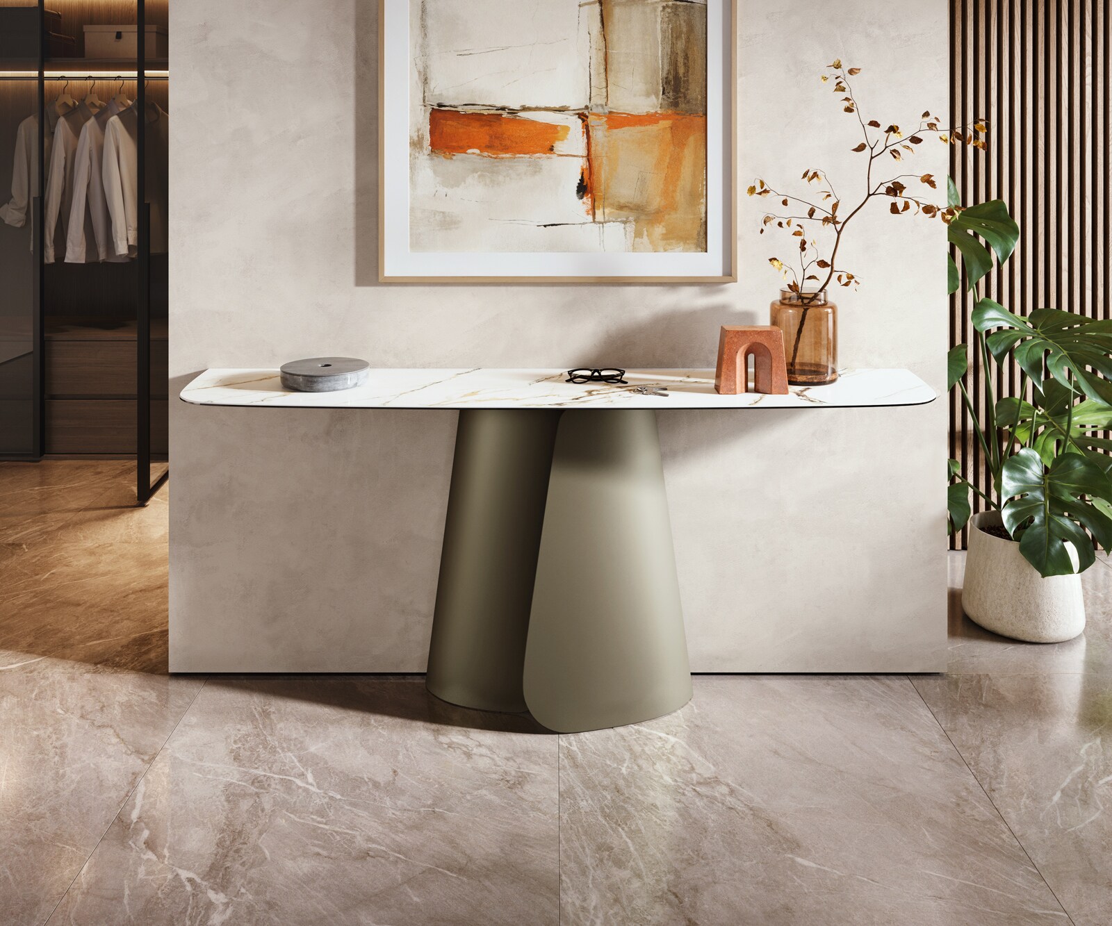 Console Edge forme bateau 180x40 cm Céramique Calacatta Luxe Weiß-Gold-Gris Livos Métal Effektfinish Titan 1