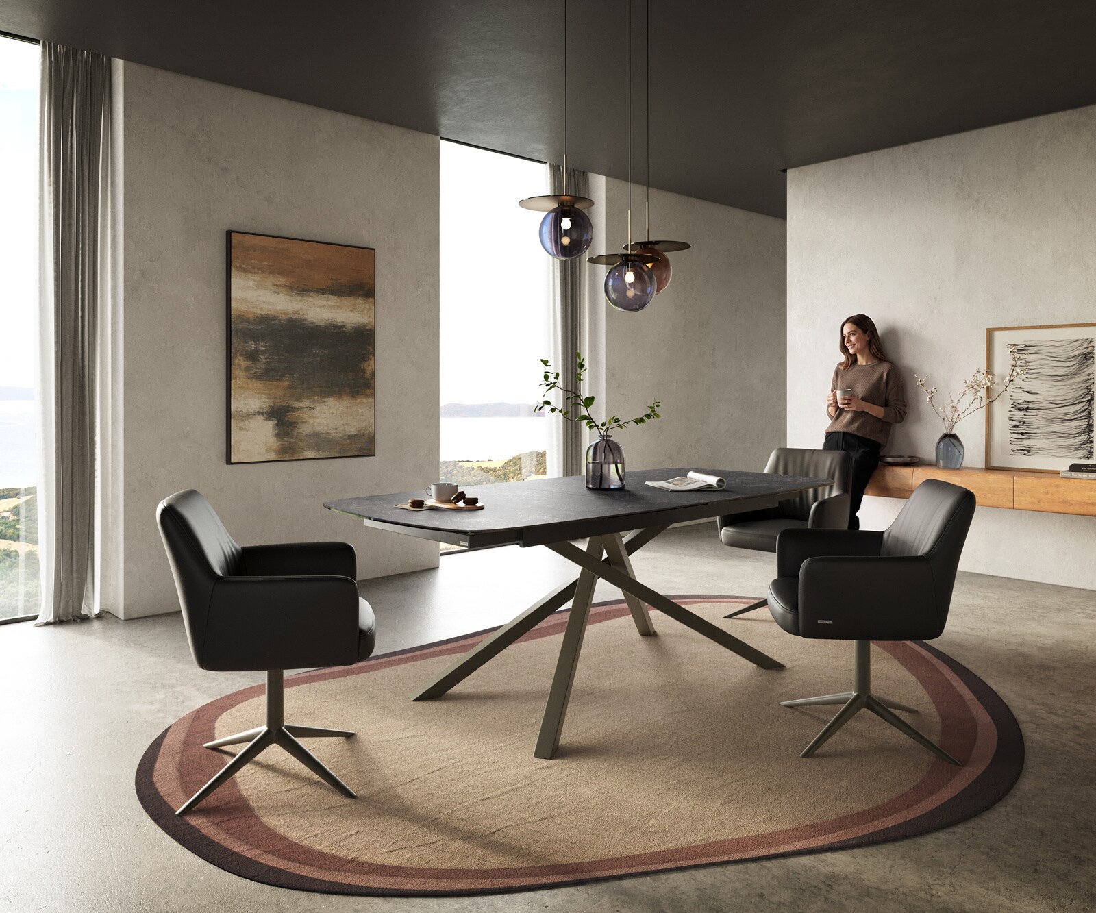 Table à manger Edge Boot 180-220x100 cm Céramique Laminam® Nero Greco Anthracite piètement en croix Rectangle Finition effet Titan extensible 6