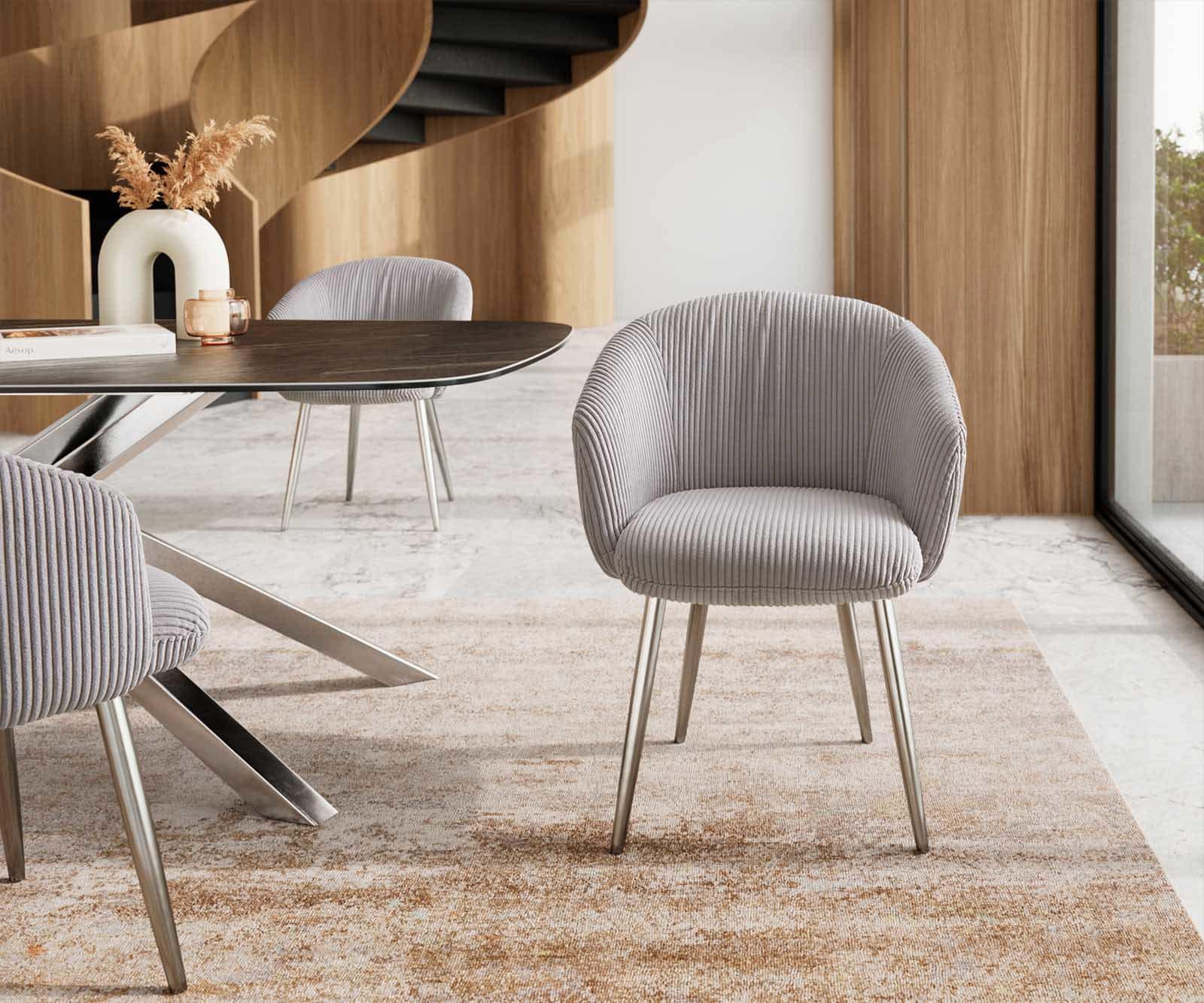 Chaise-de-salle-à-manger Caja-Flex avec accoudoirs côtelé gris argenté 4 pieds coniques acier inoxydable brossé ressorts ensachés 1 Chaise-de-salle-à-manger Caja-Flex avec accoudoirs côtelé gris argenté 4 pieds coniques acier inoxydable brossé ressorts ensachés 1