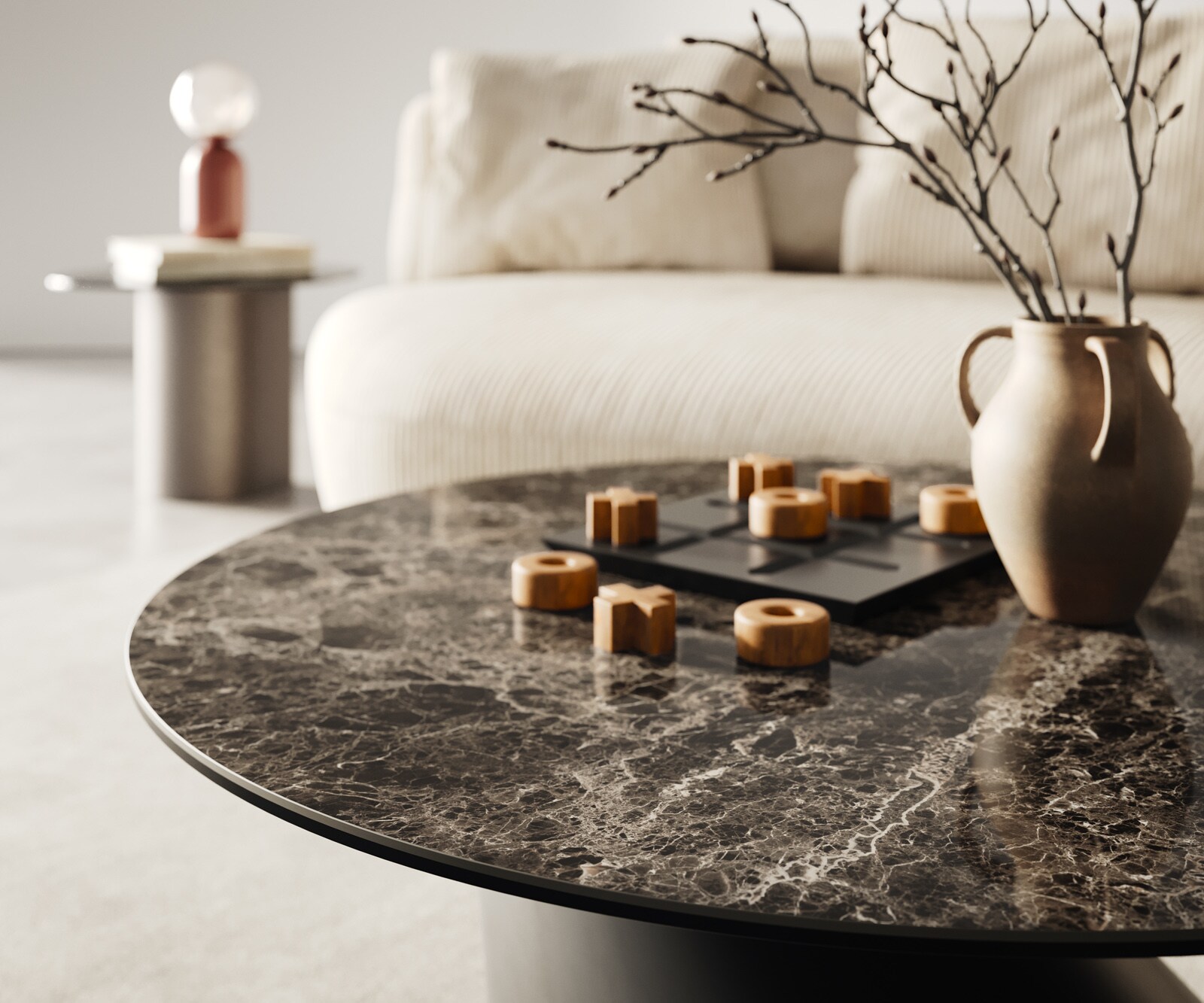 Table basse Edge rond 90x90 cm céramique Laminam® Emperador Extra Lucidato brun foncé Conis métal noir 4