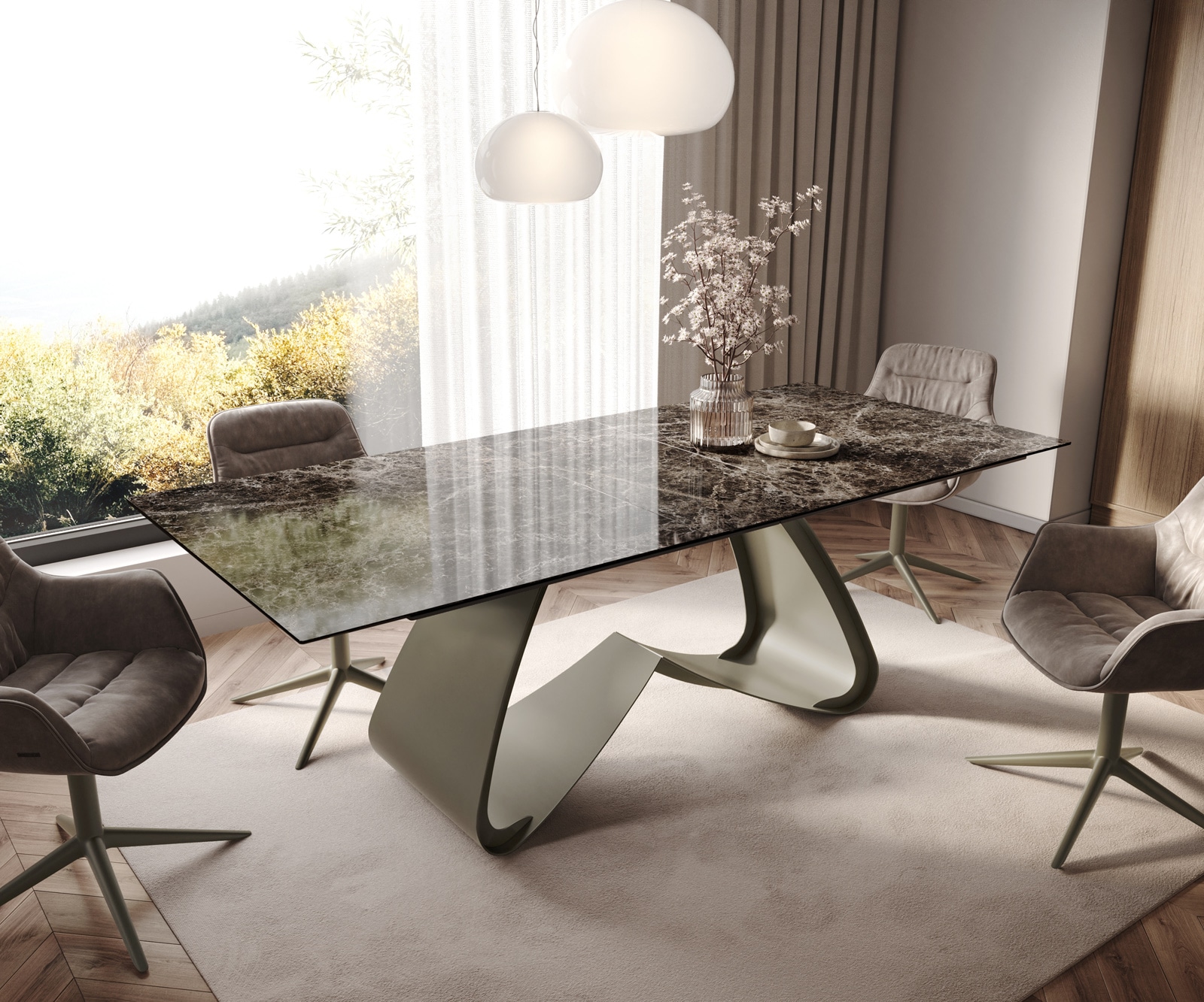Table de salle à manger Edge Céramique Emperador Extra Lucidato Brun foncé 180-220x100 Piètement en W finition effet Titane extensible 1