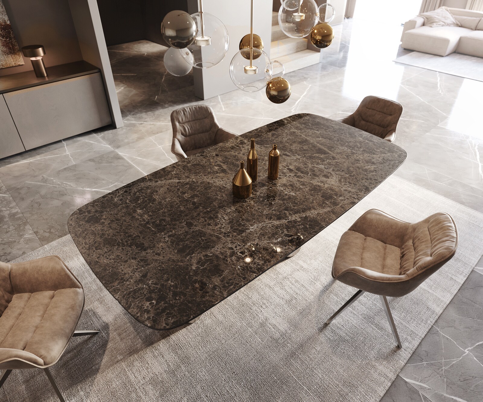 Table de salle à manger Edge Boot Céramique Emperador Extra Lucidato Brun foncé 240x120 Pilier Acier inoxydable Graphite 4