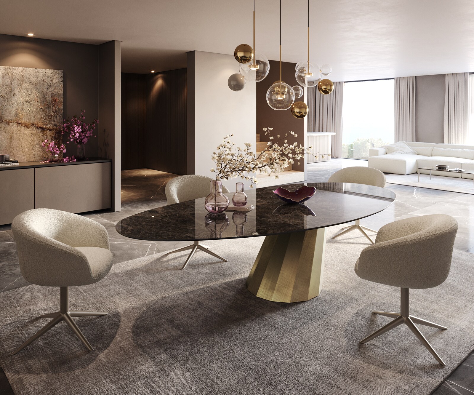 Table à manger Edge ovalee 280x130 céramique Laminam® Emperador Extra Lucidato marron foncé parabole métallique doré 7