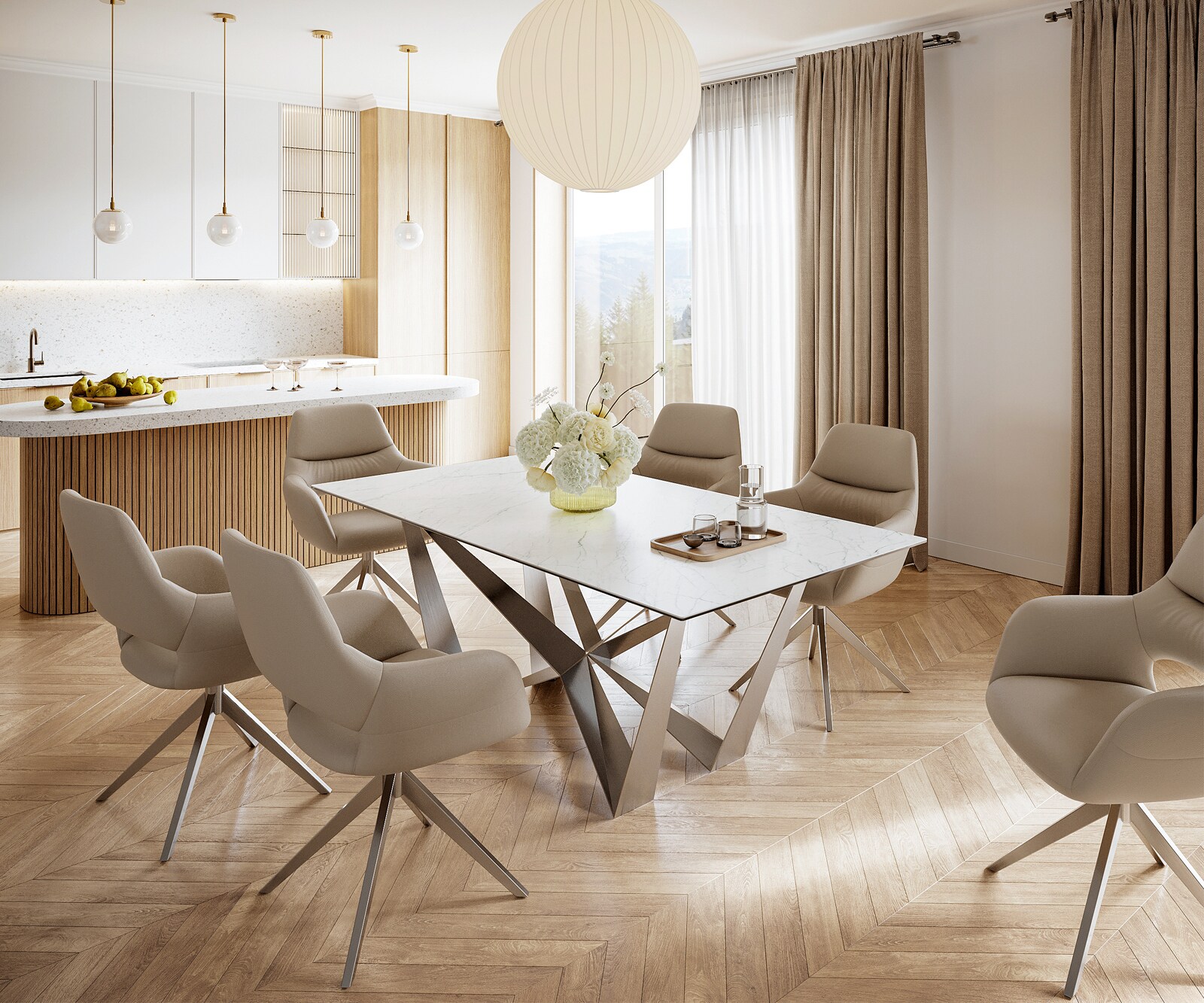 Table-à-manger Edge 200x100cm Laminam® céramique blanc pieds milieu acier plat argent 5