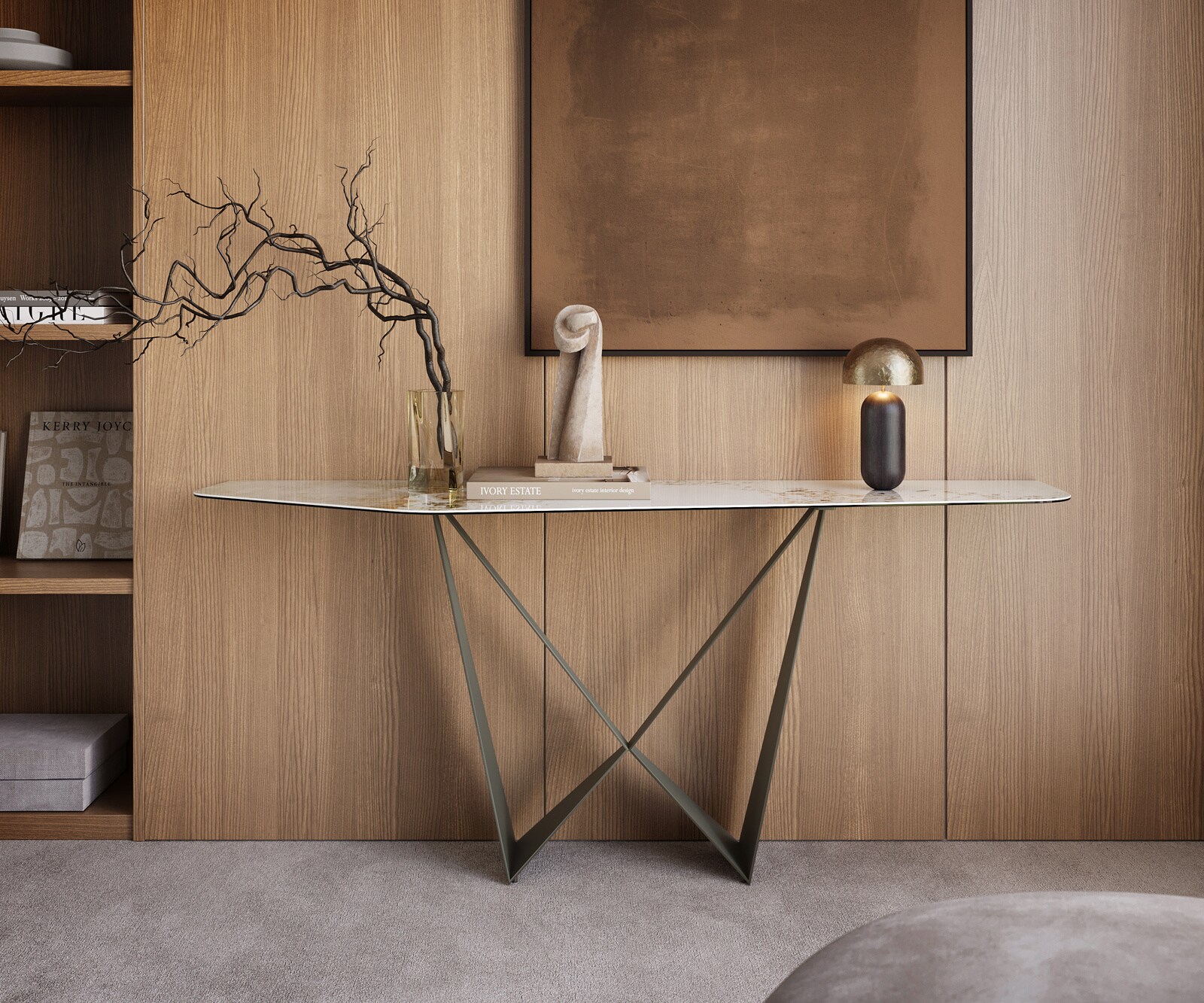 Console Edge Polygonal 180x50 cm Céramique Minas Melange Weiß-Beige Spios Métal Effektfinish Titan 4