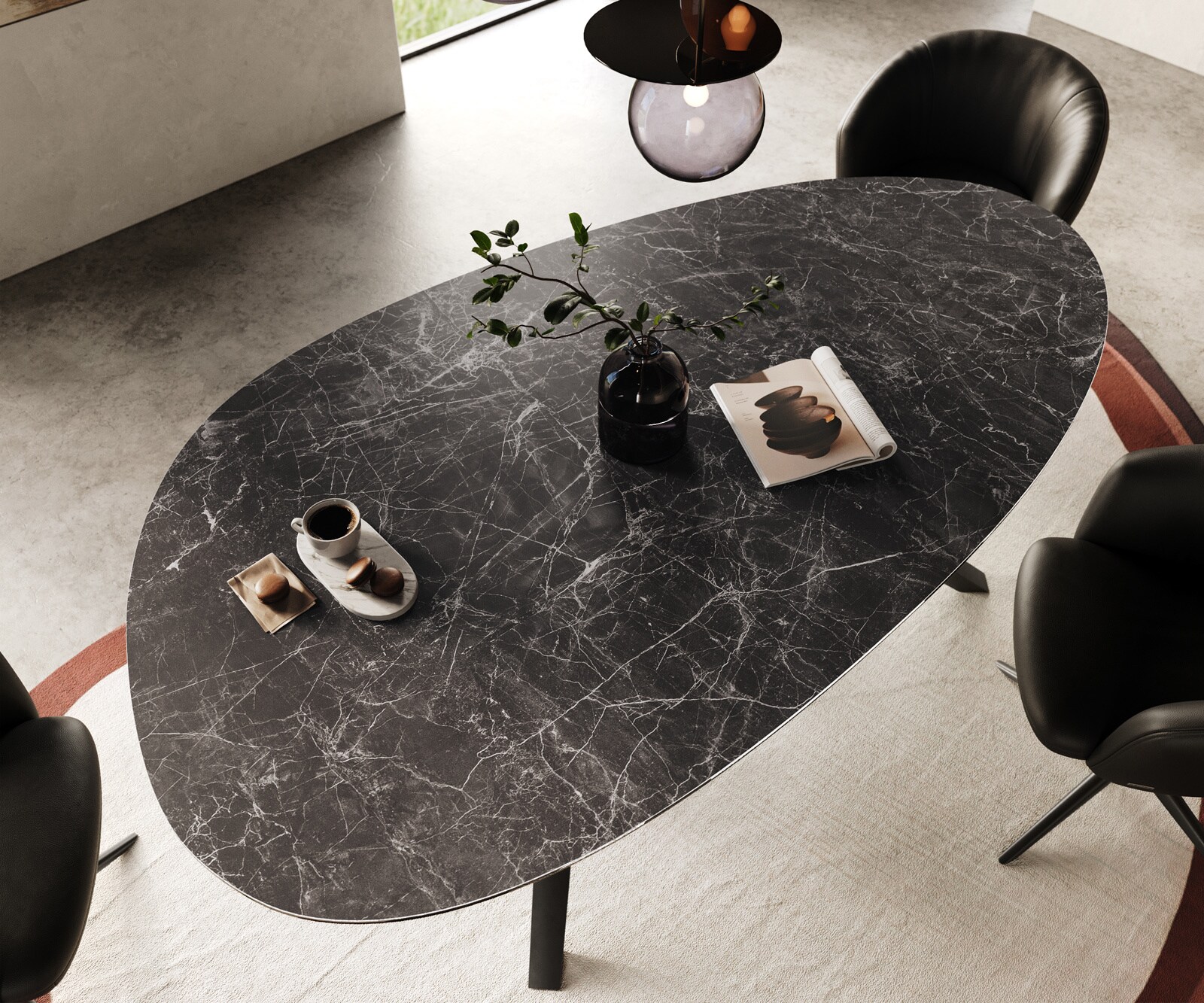 Table à manger Edge Ovale 220x120 Laminam® Céramique Nero Greco Anthracite Zenthara anguleux Métal Noir 3