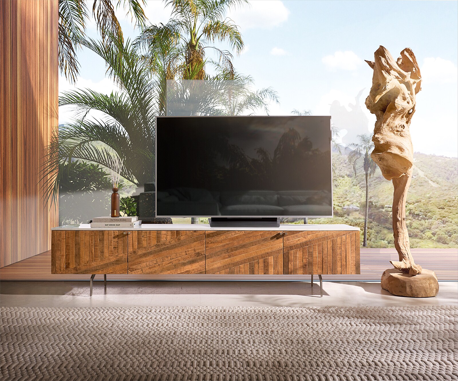Meuble-Tv Bahan 200 cm mangue teck 4 portes plateau marbre blanc pied d'angle en acier inoxydable 1