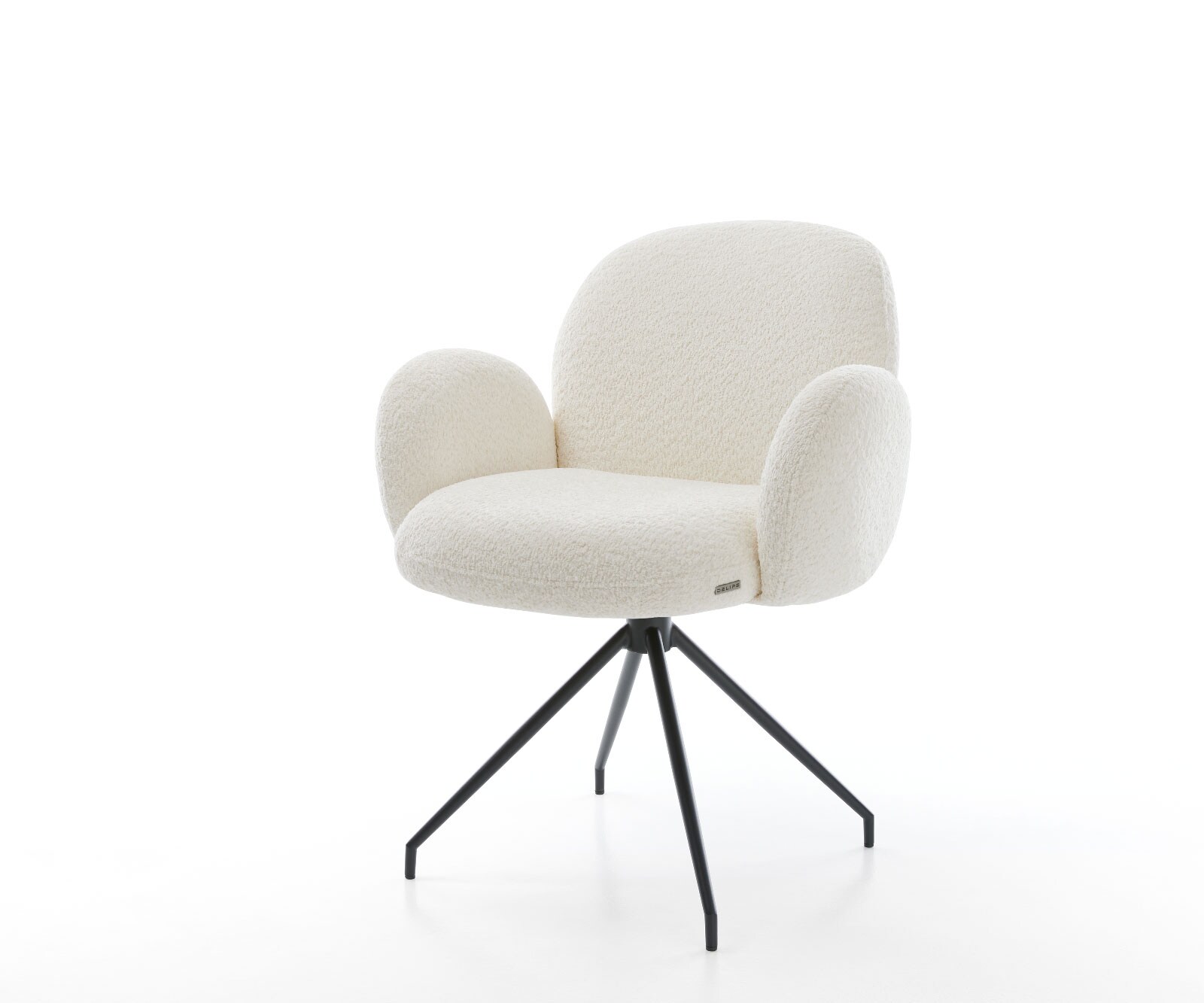 Chaise-pivotante Nube-Flex avec accoudoirs bouclé blanc pied croisé conique noir pivotement sur 180° ressorts ensachés