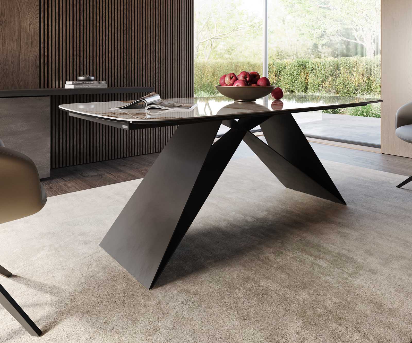 Table à manger Edge en forme de bateau 200x100 céramique Minas mélange blanc-beige cadre en V acier plat noir 5