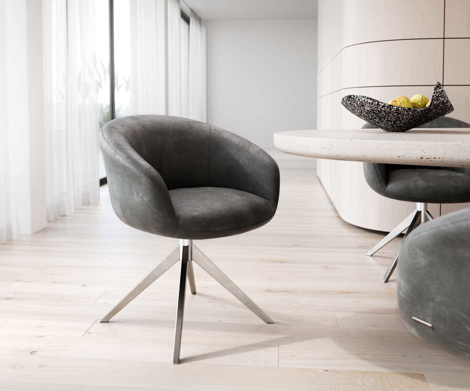 Chaise-pivotante Vinka-Flex avec accoudoirs microvelours anthracite vintage pied croisé large acier inoxydable brossé pivotement sur 360° ressorts ensachés