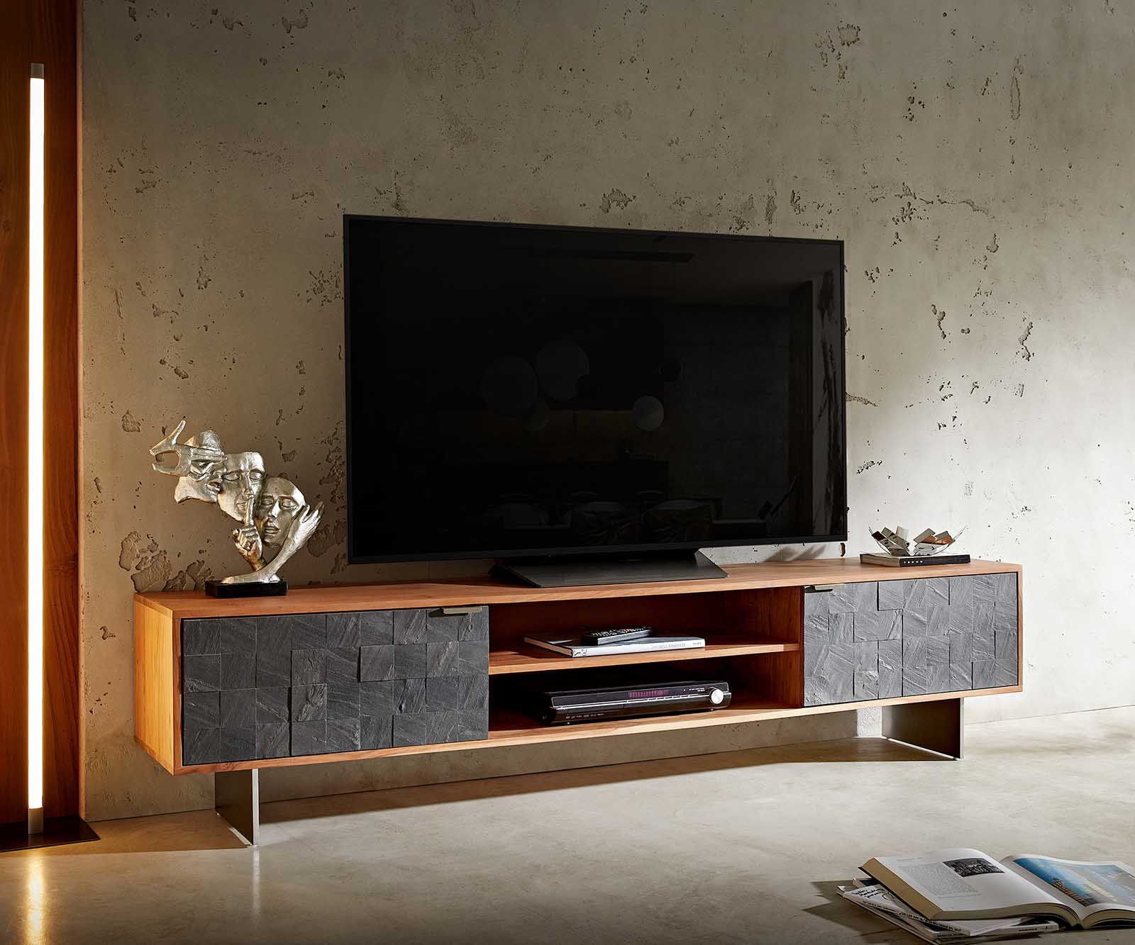 Meuble-TV Teele 200 cm acacia naturel ardoise 2 portes pied flottant inoxydable Meuble-TV Teele 200 cm acacia naturel ardoise 2 portes pied flottant inoxydable