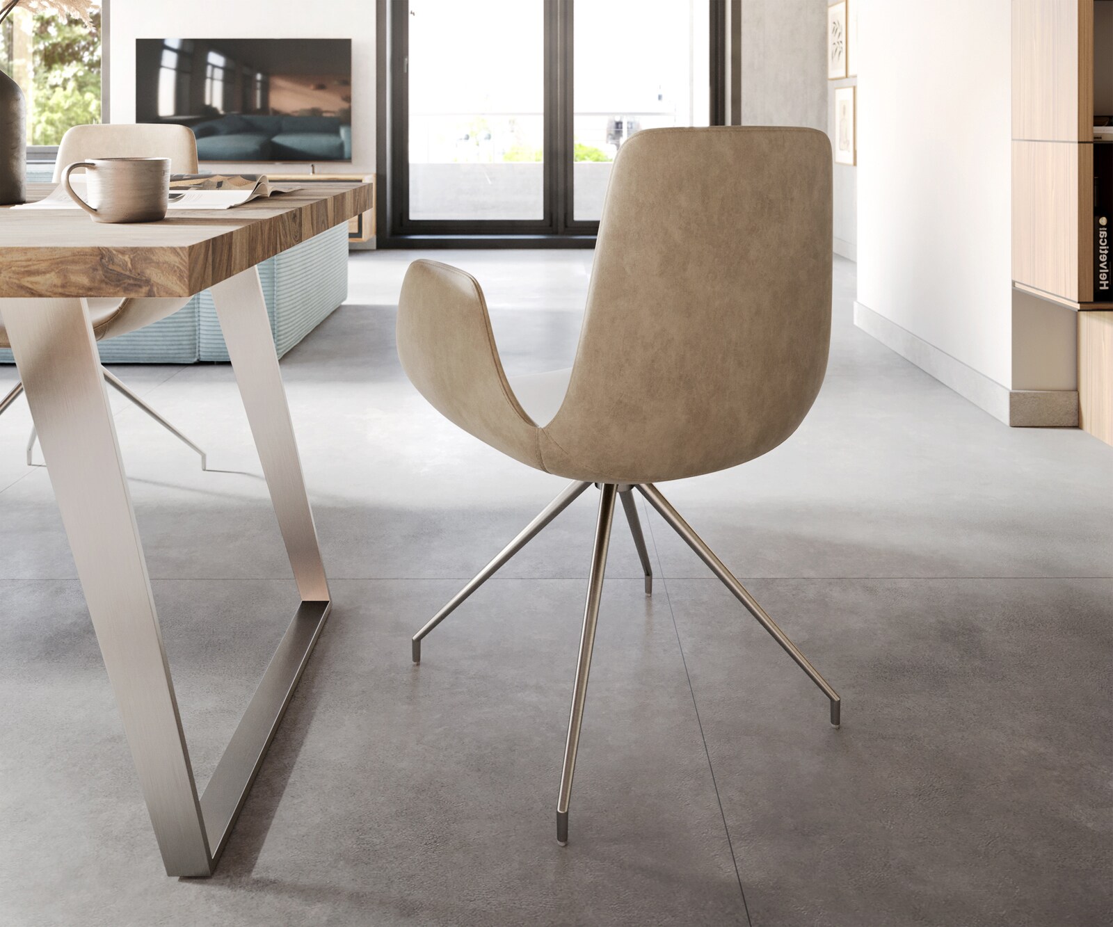 Chaise-de-salle-à-manger Ilia-Flex avec accoudoirs microvelours beige vintage pied croisé conique acier inoxydable brossé 4 Chaise-de-salle-à-manger Ilia-Flex avec accoudoirs microvelours beige vintage pied croisé conique acier inoxydable brossé 4